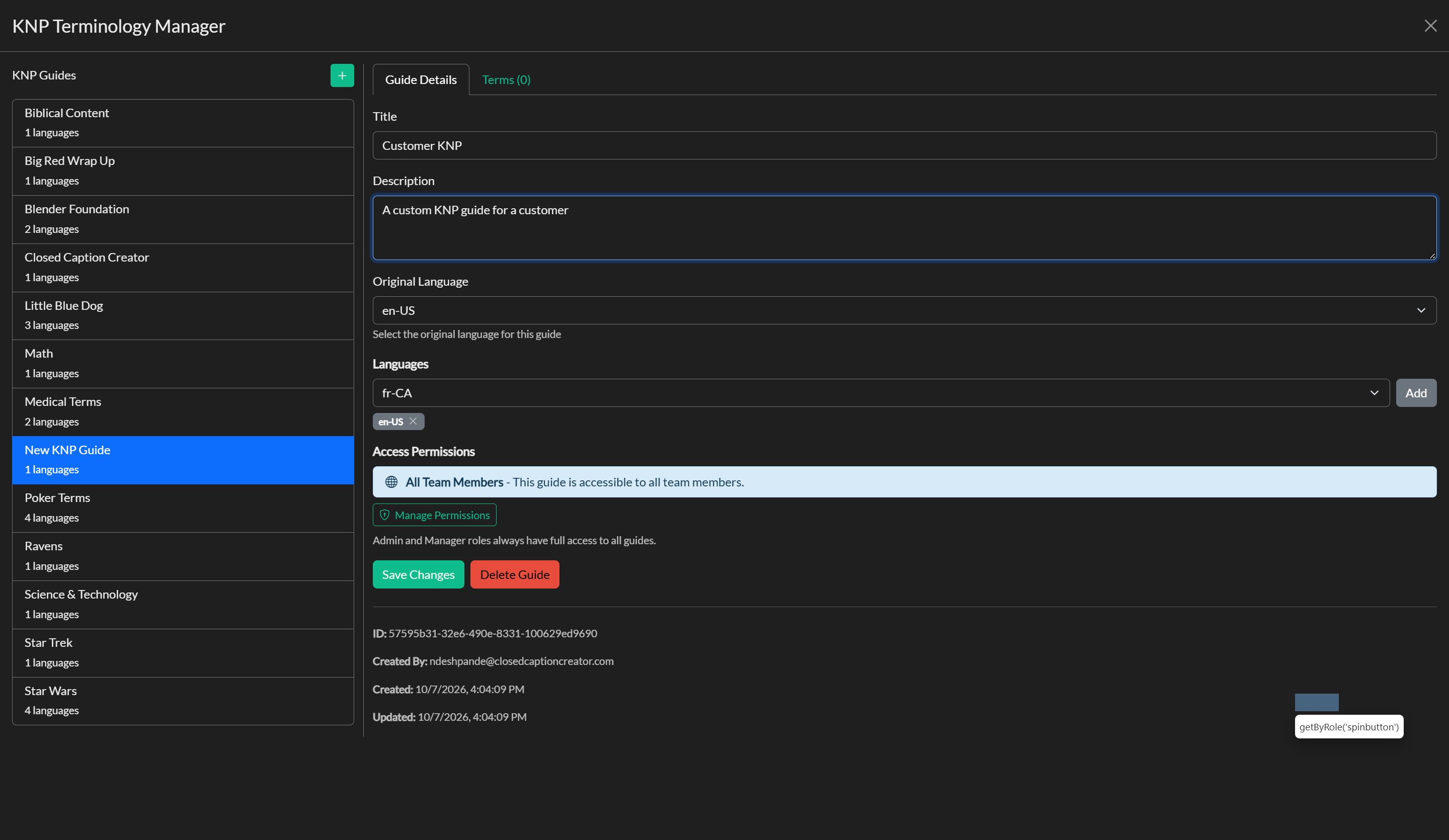 KNP guide setup and configuration form