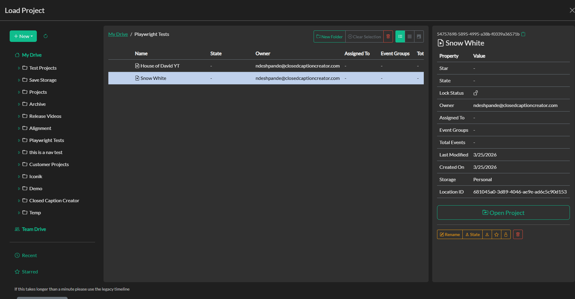 Load Project via Storage Explorer