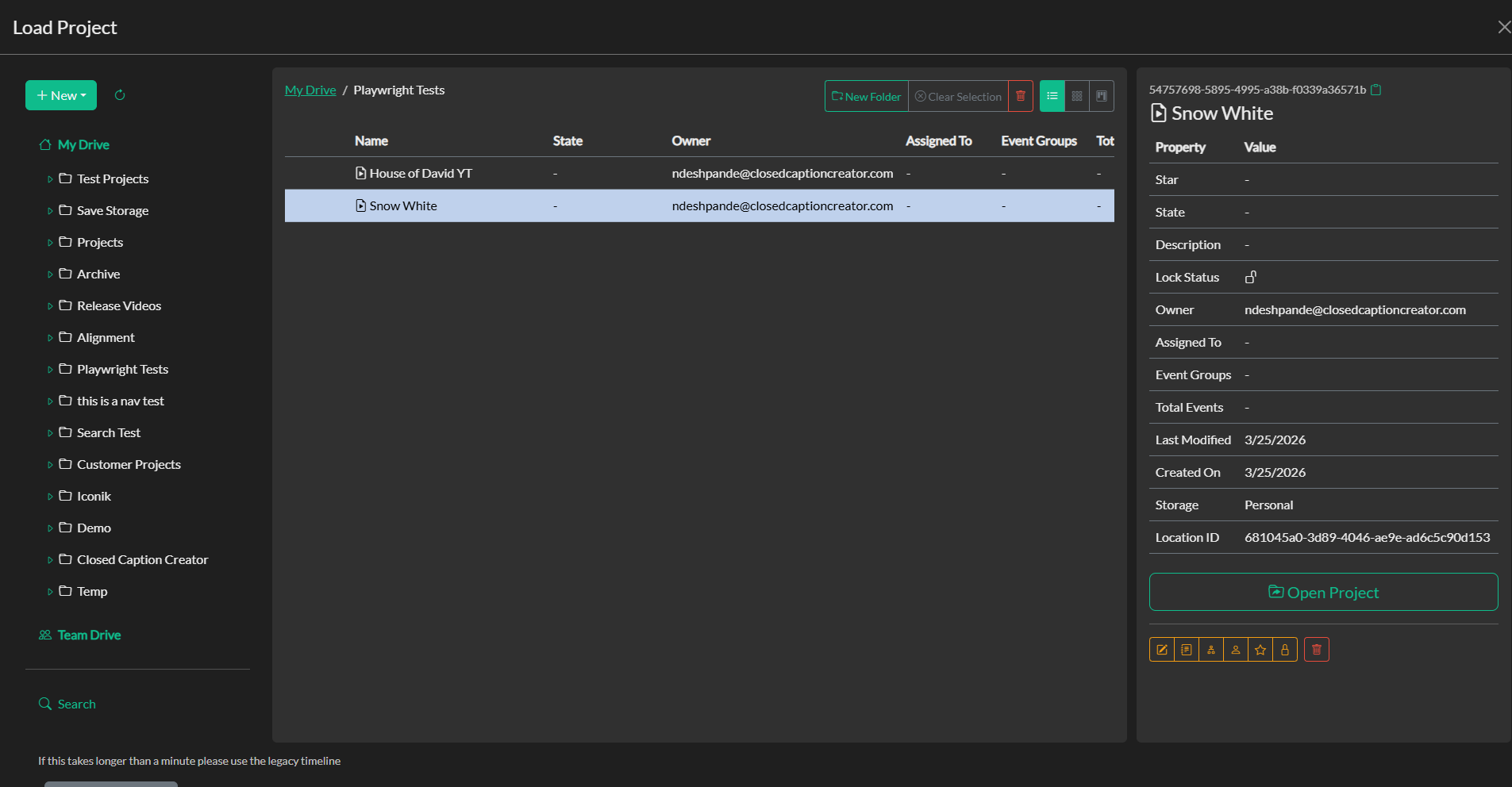 Load Project via Storage Explorer