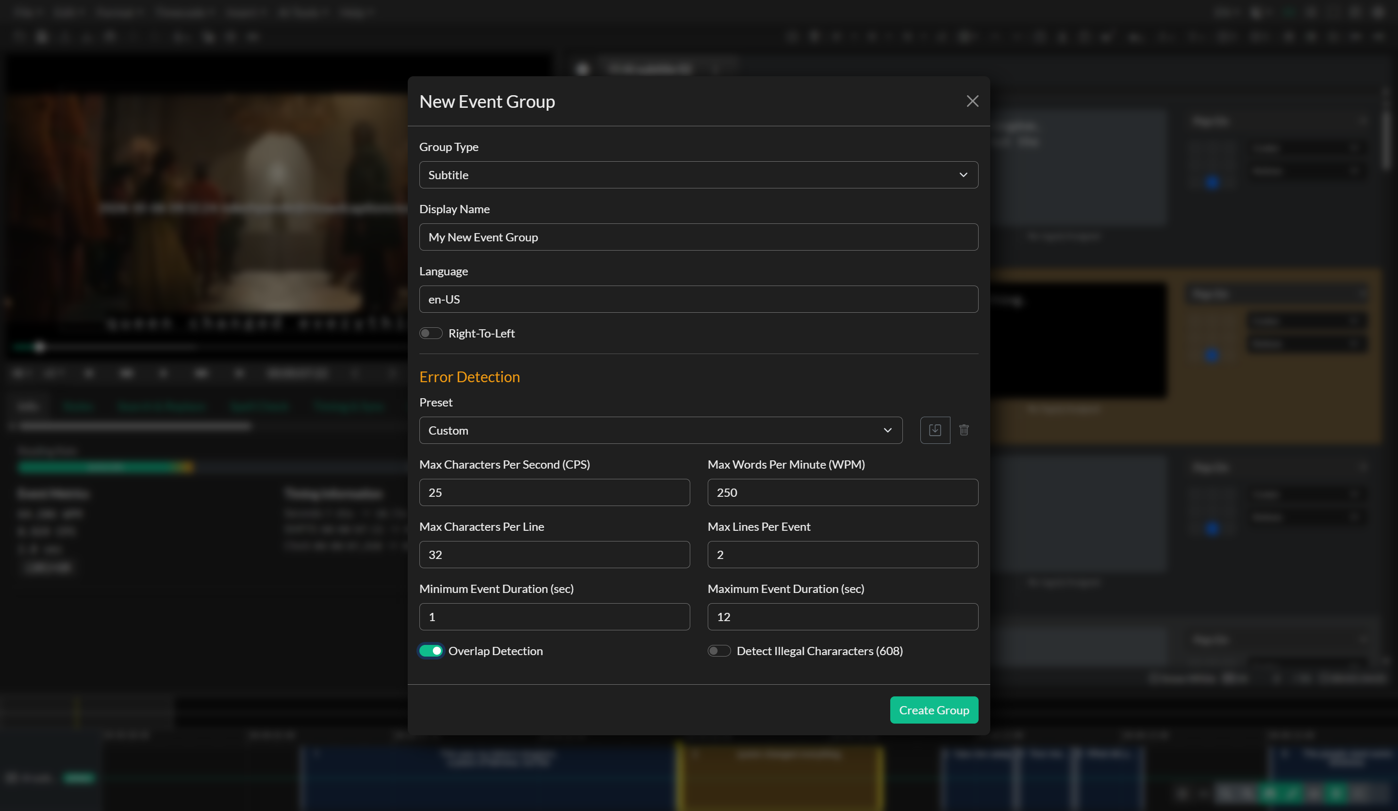 New Event Group dialog