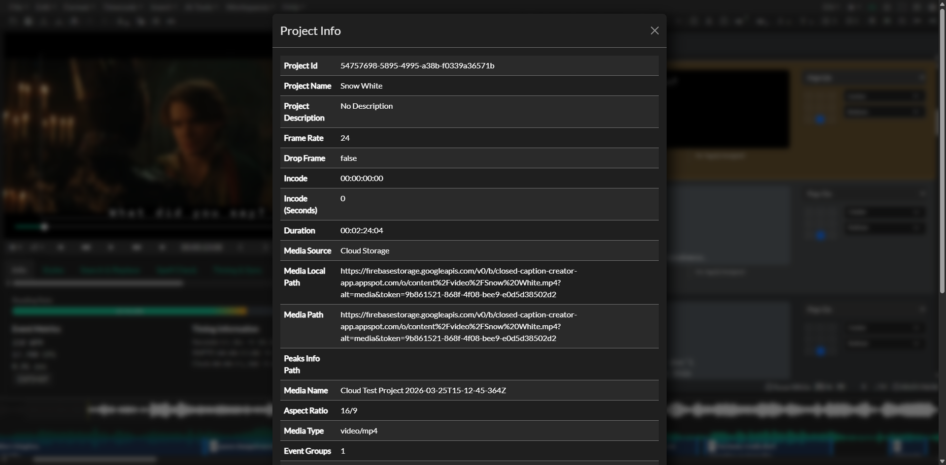 Project information panel in Storage Explorer