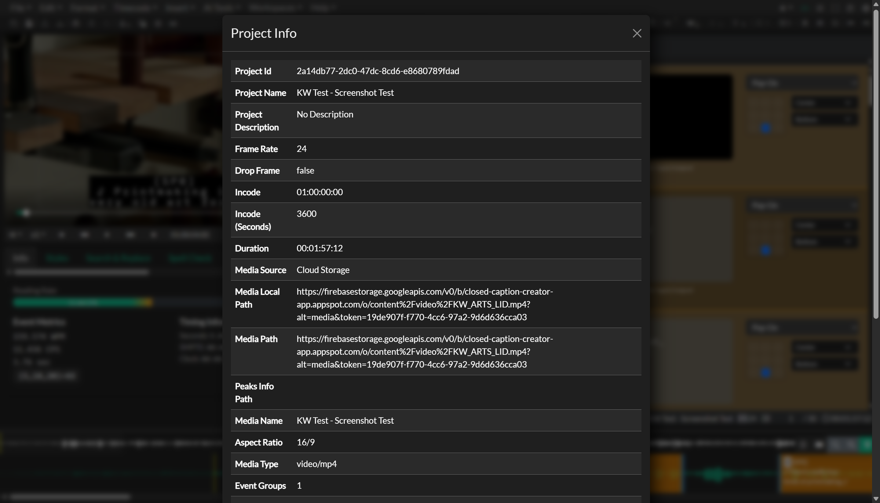 Project information panel in Storage Explorer