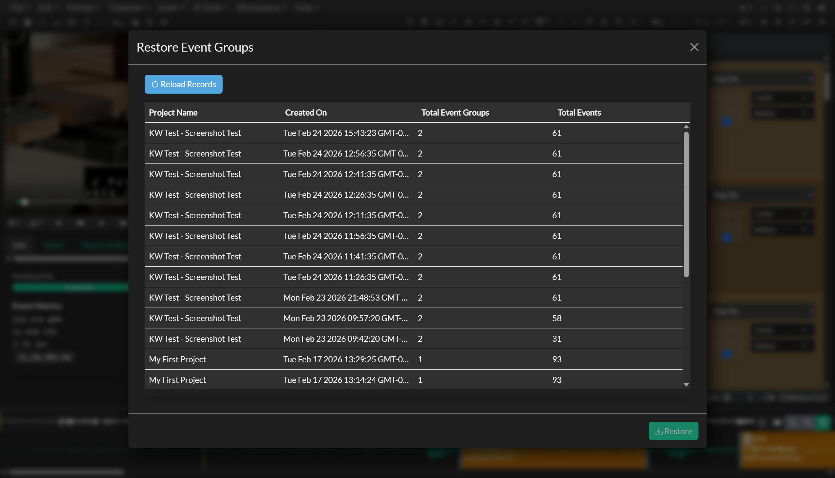 Project snapshots and restore view