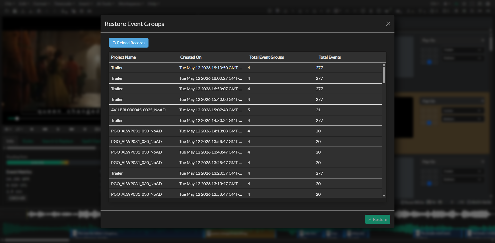 Project snapshots and restore view