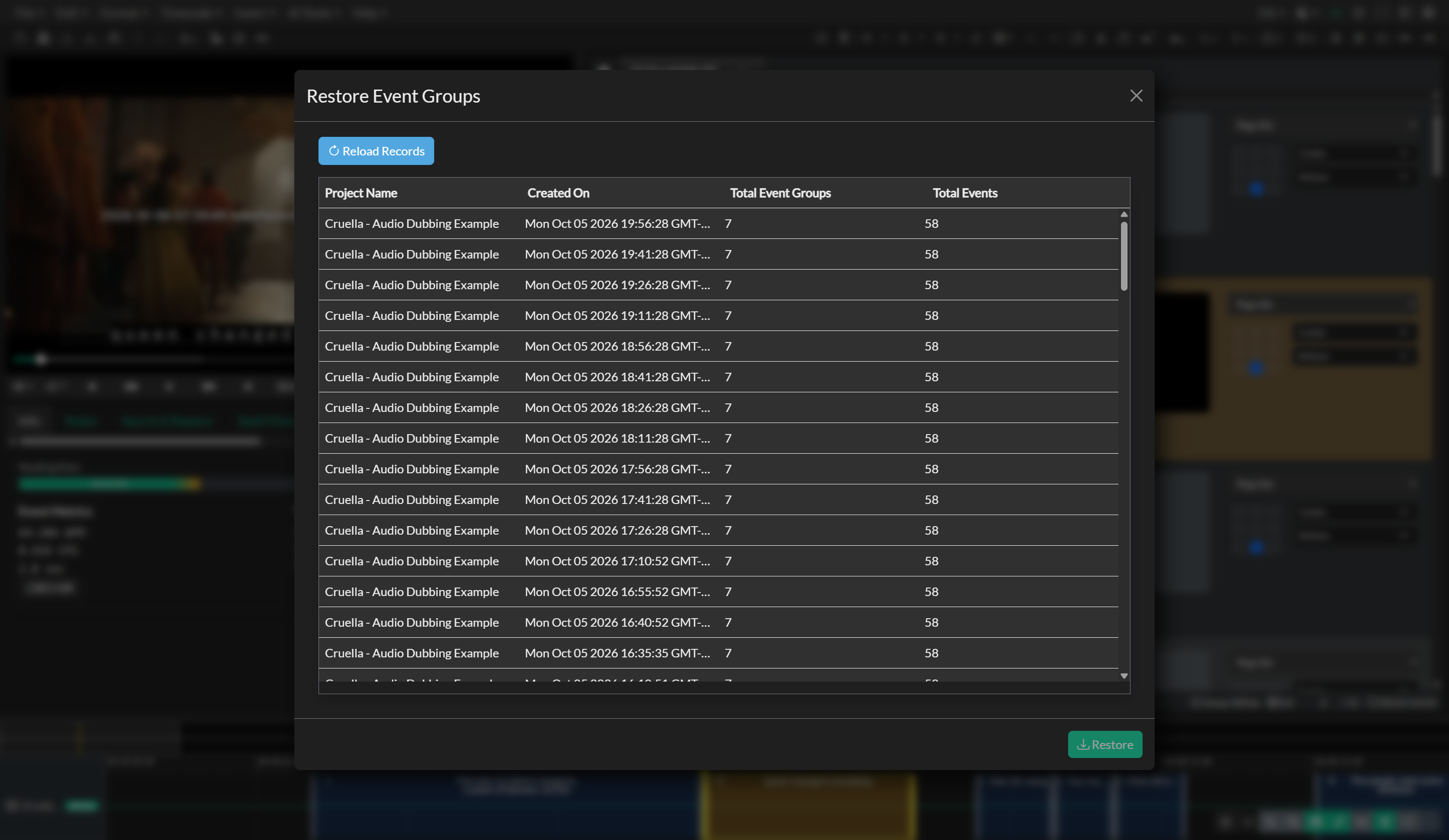 Project snapshots and restore view
