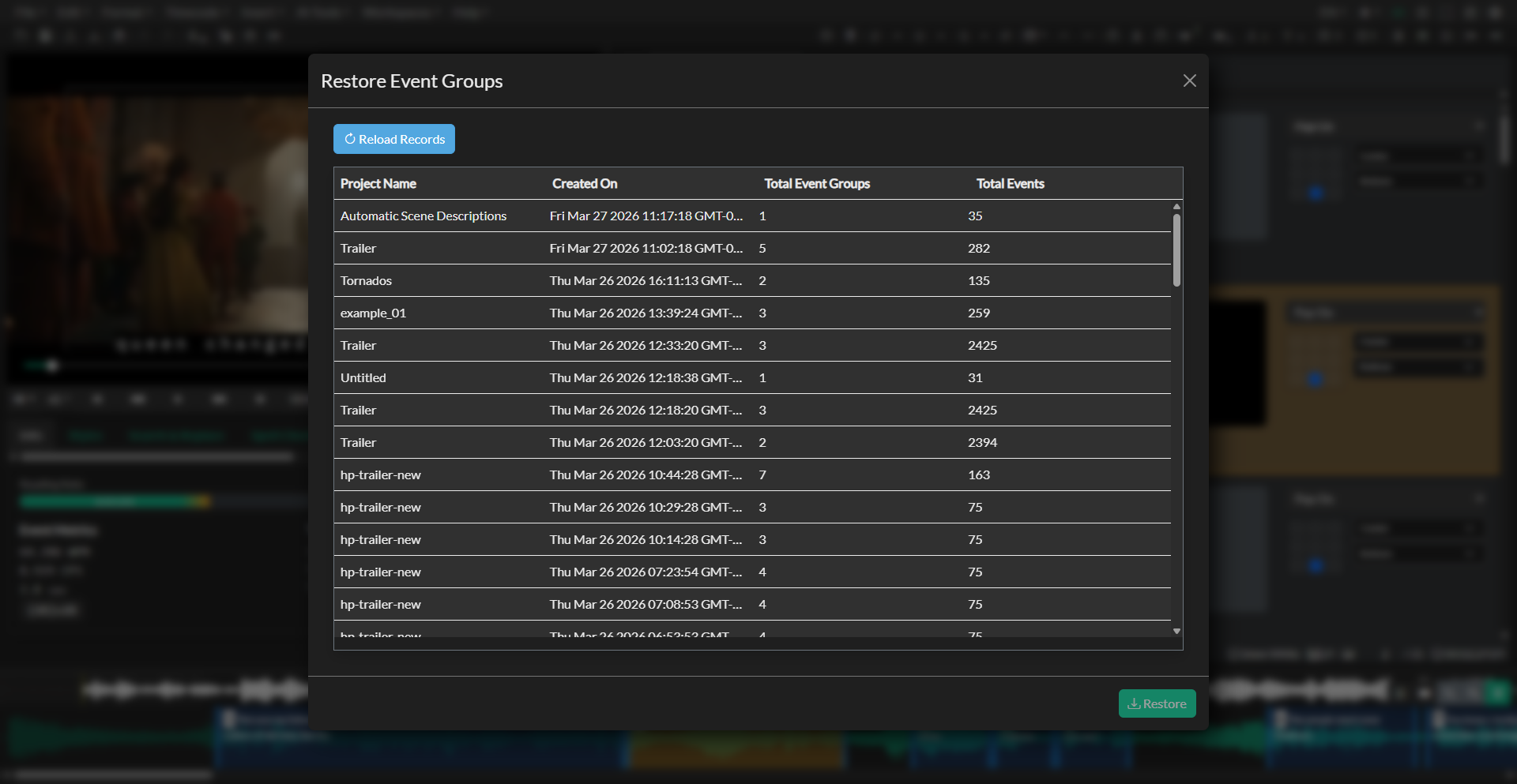 Project snapshots and restore view