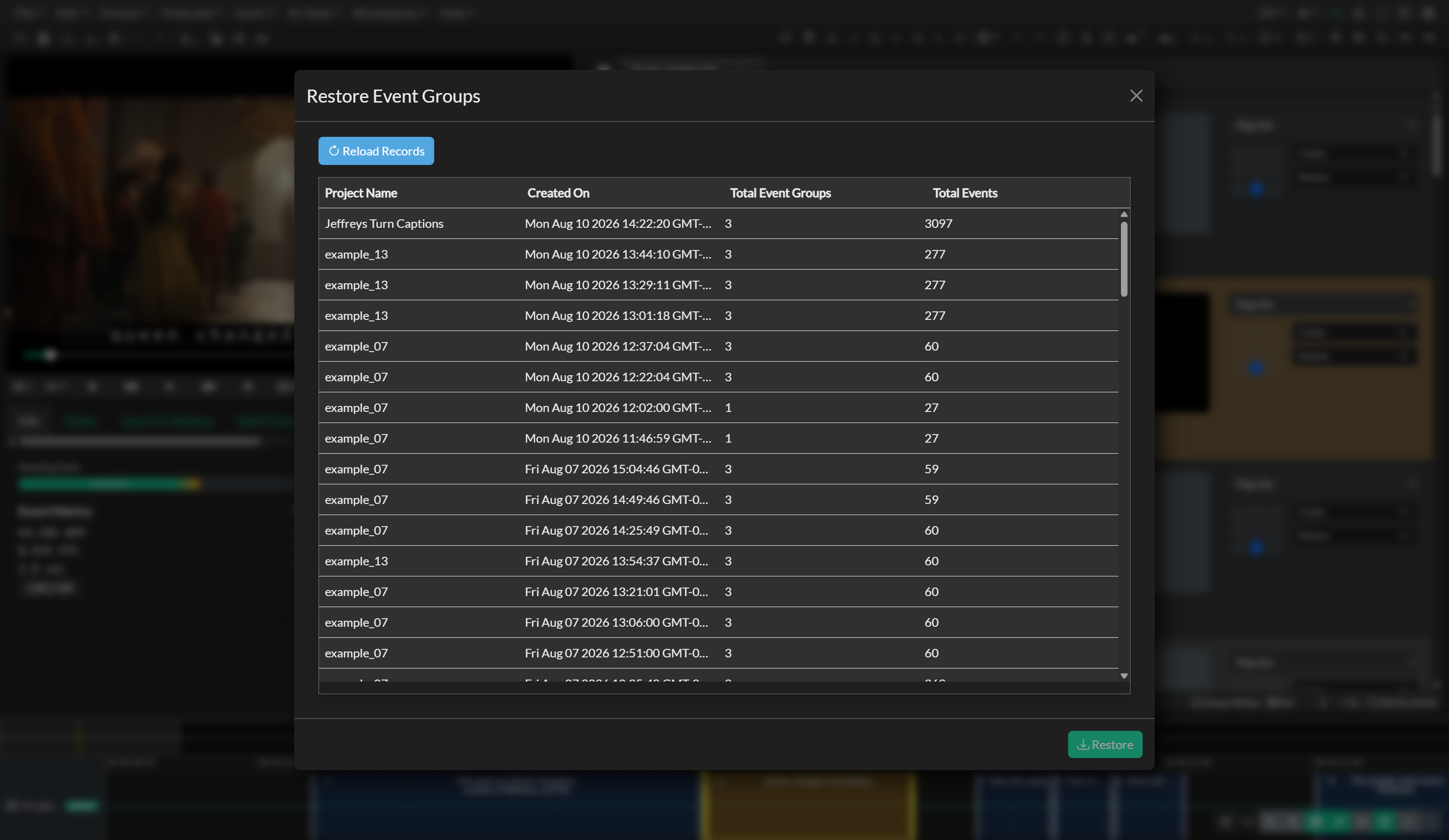Project snapshots and restore view