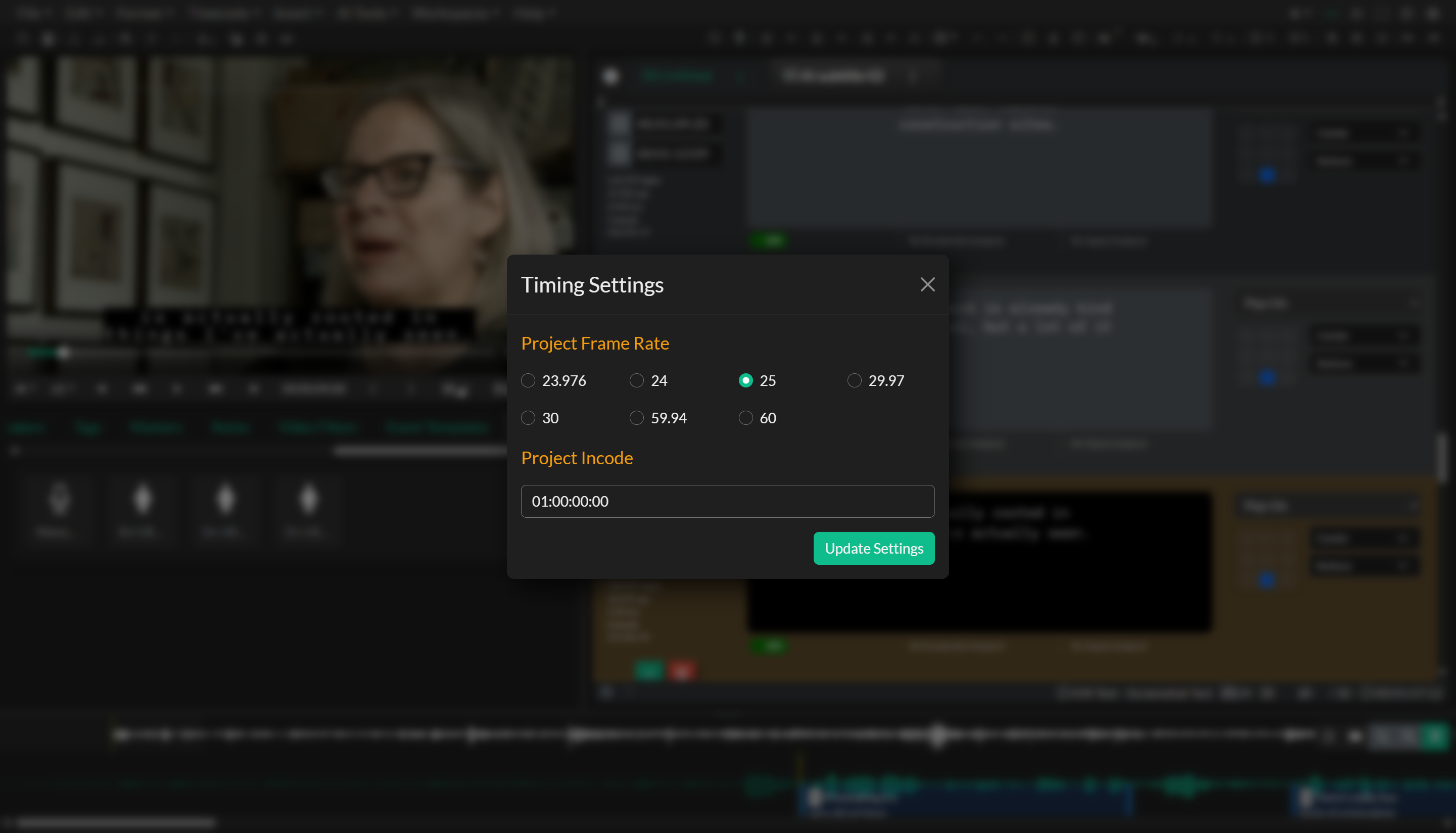 Project Timing Settings modal