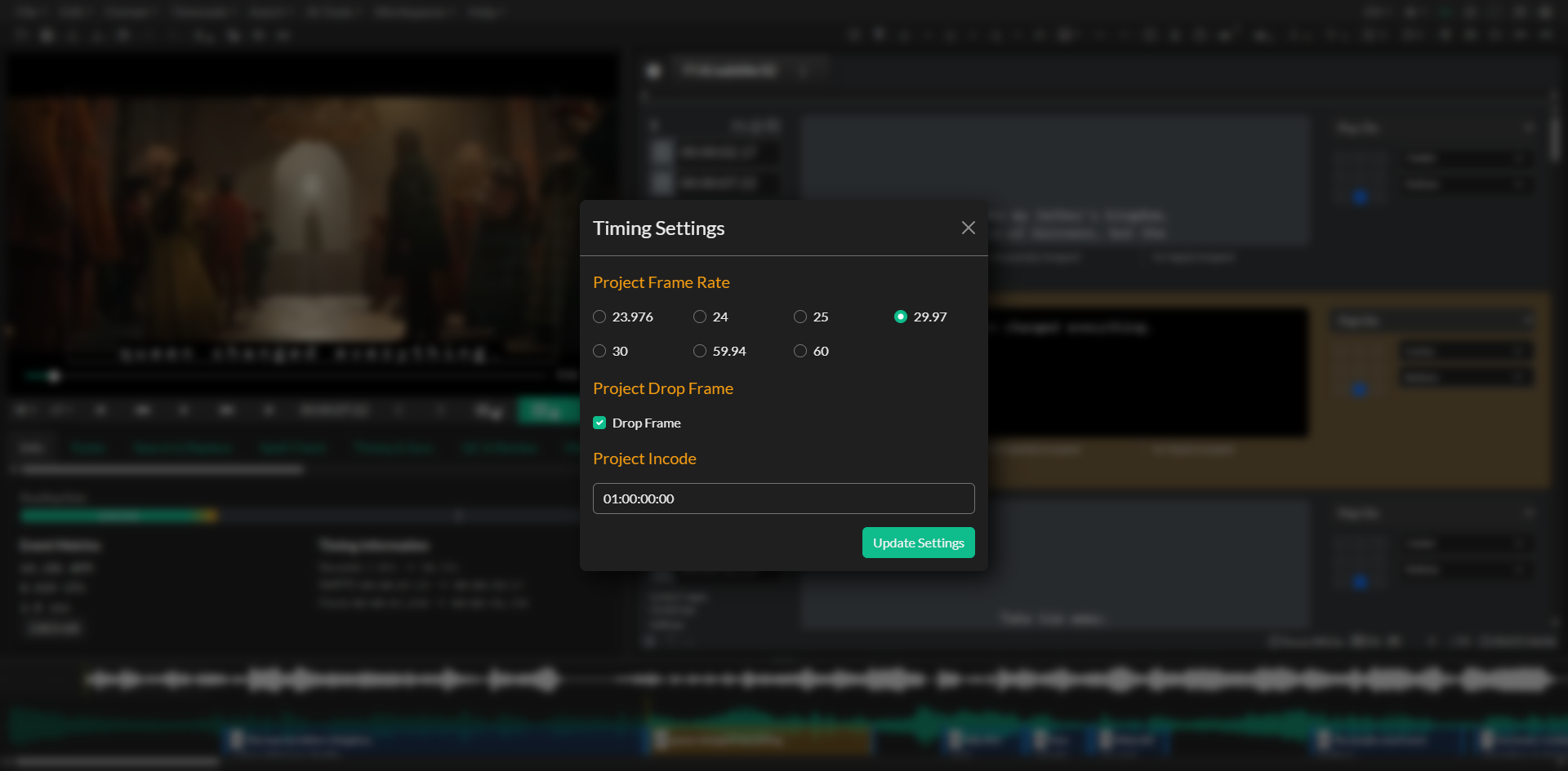 Project Timing Settings modal