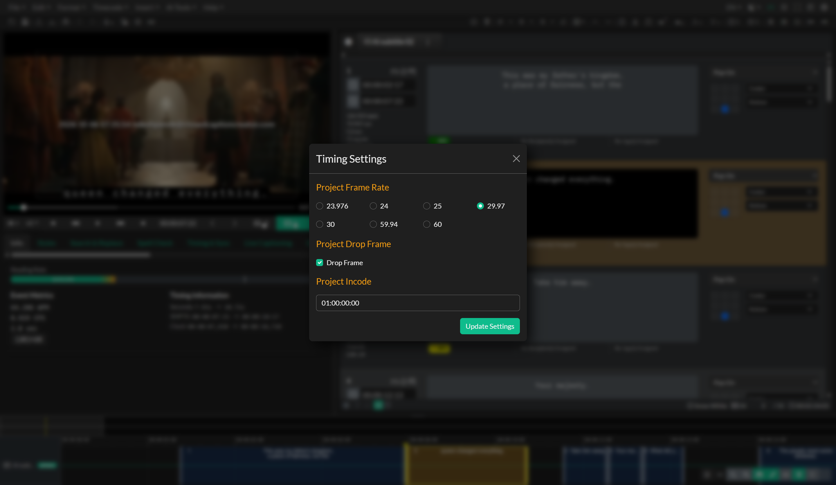 Project Timing Settings modal