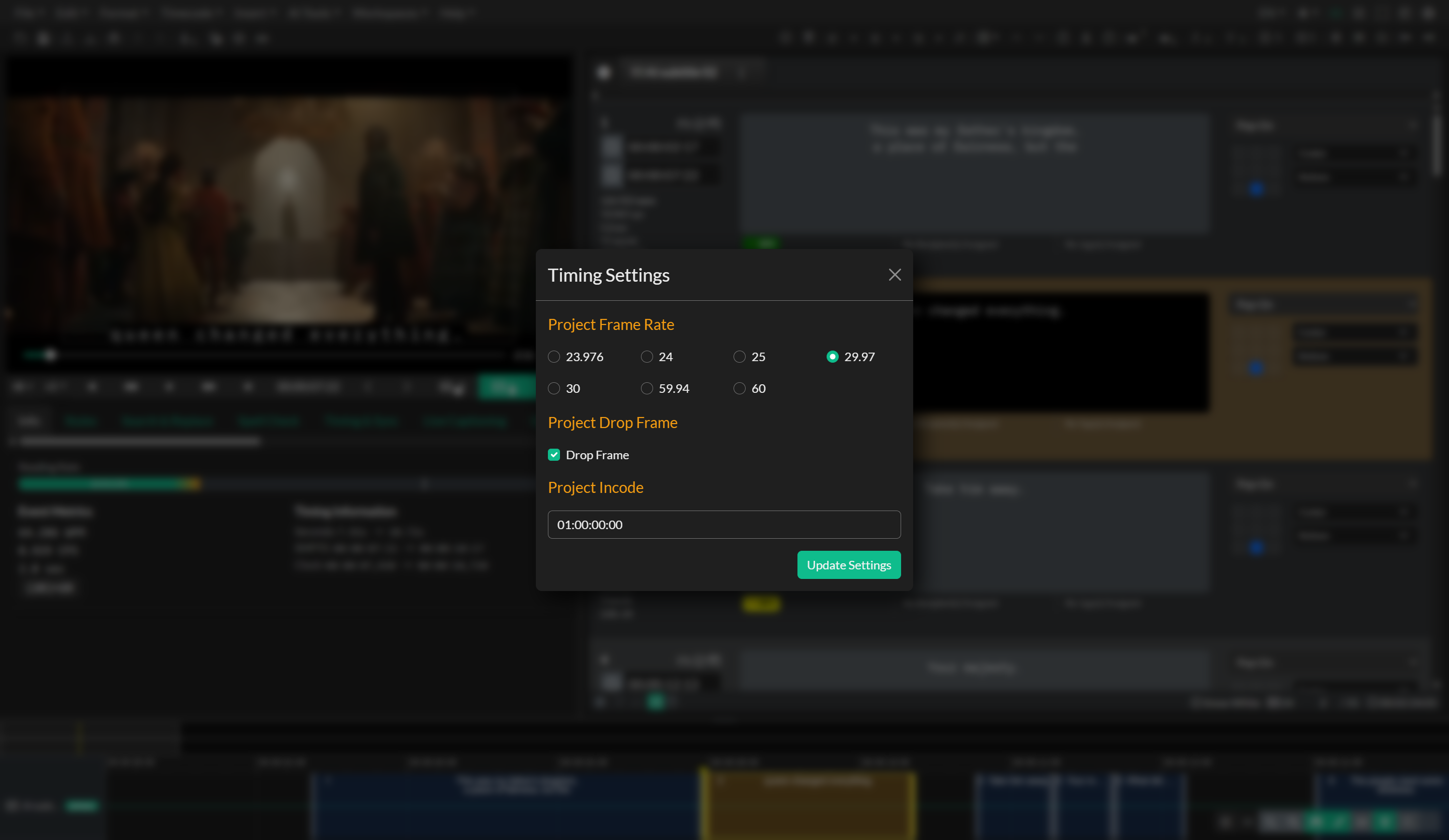 Project Timing Settings modal