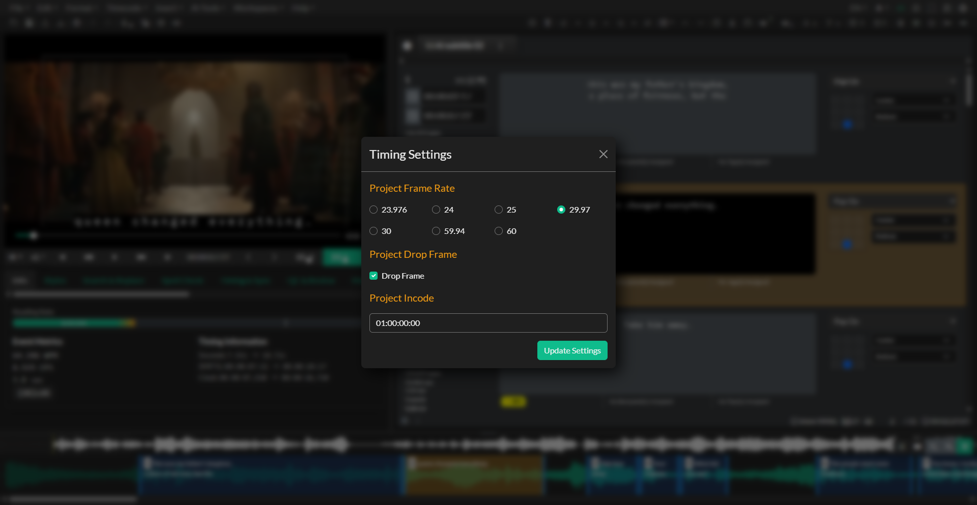 Project Timing Settings modal