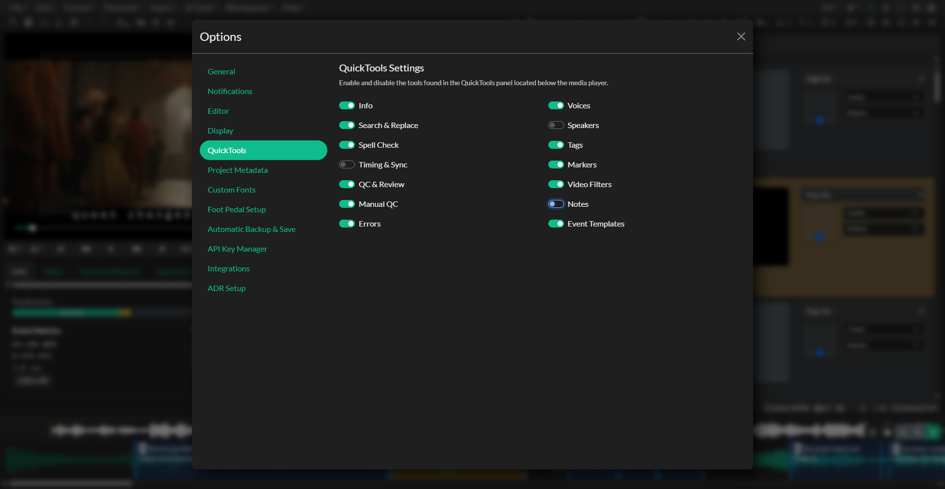QuickTools settings in Options