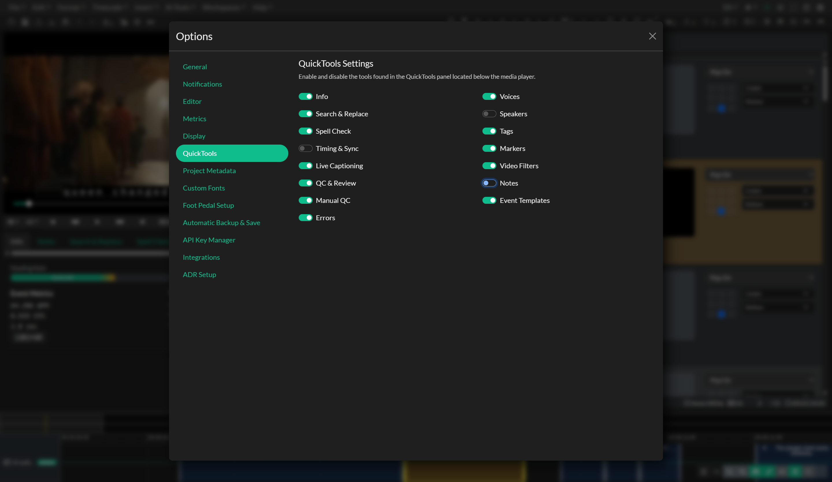 QuickTools settings in Options