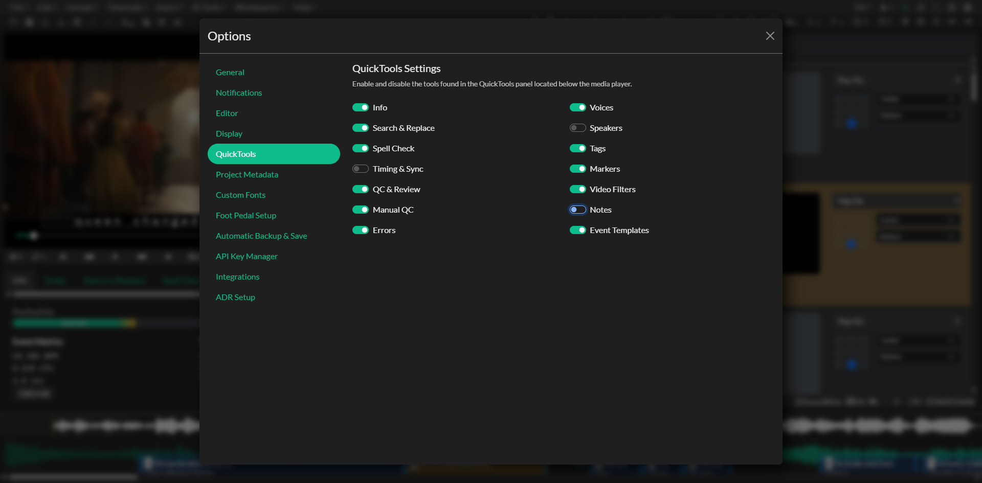 QuickTools settings in Options