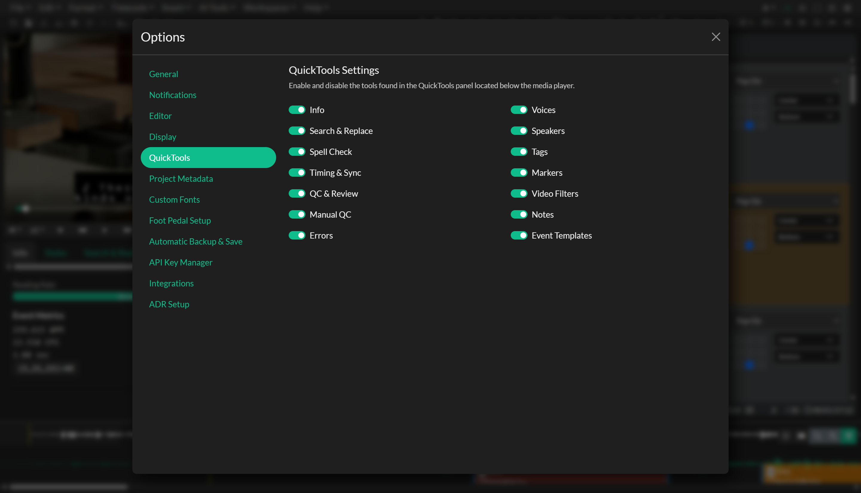 QuickTools settings in Options
