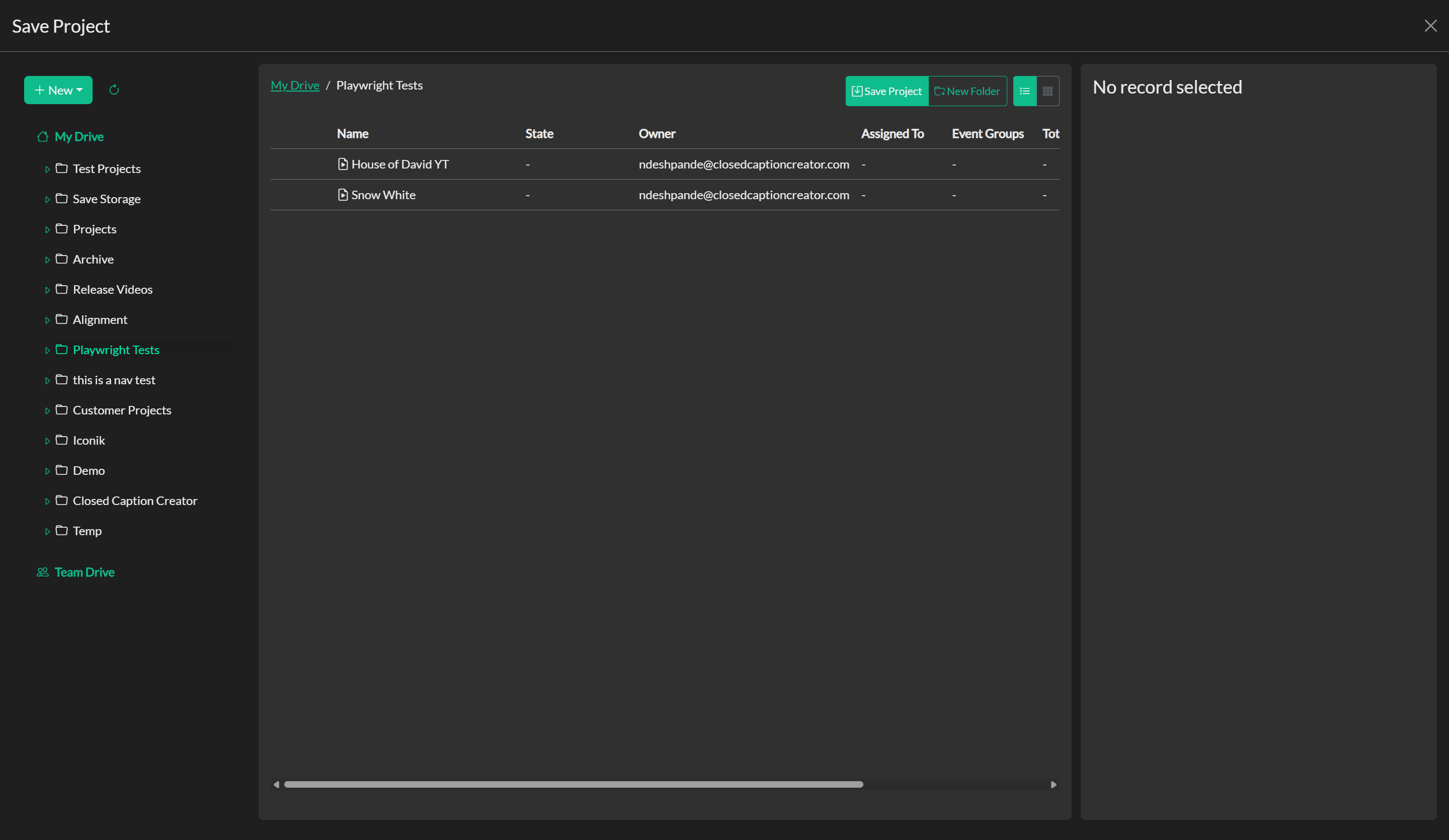 Save Project dialog in online mode