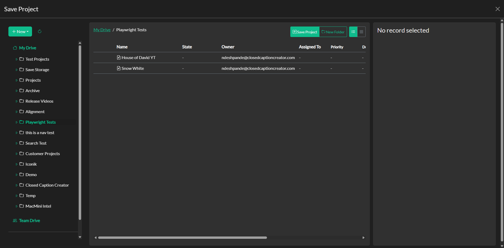 Save Project dialog in online mode