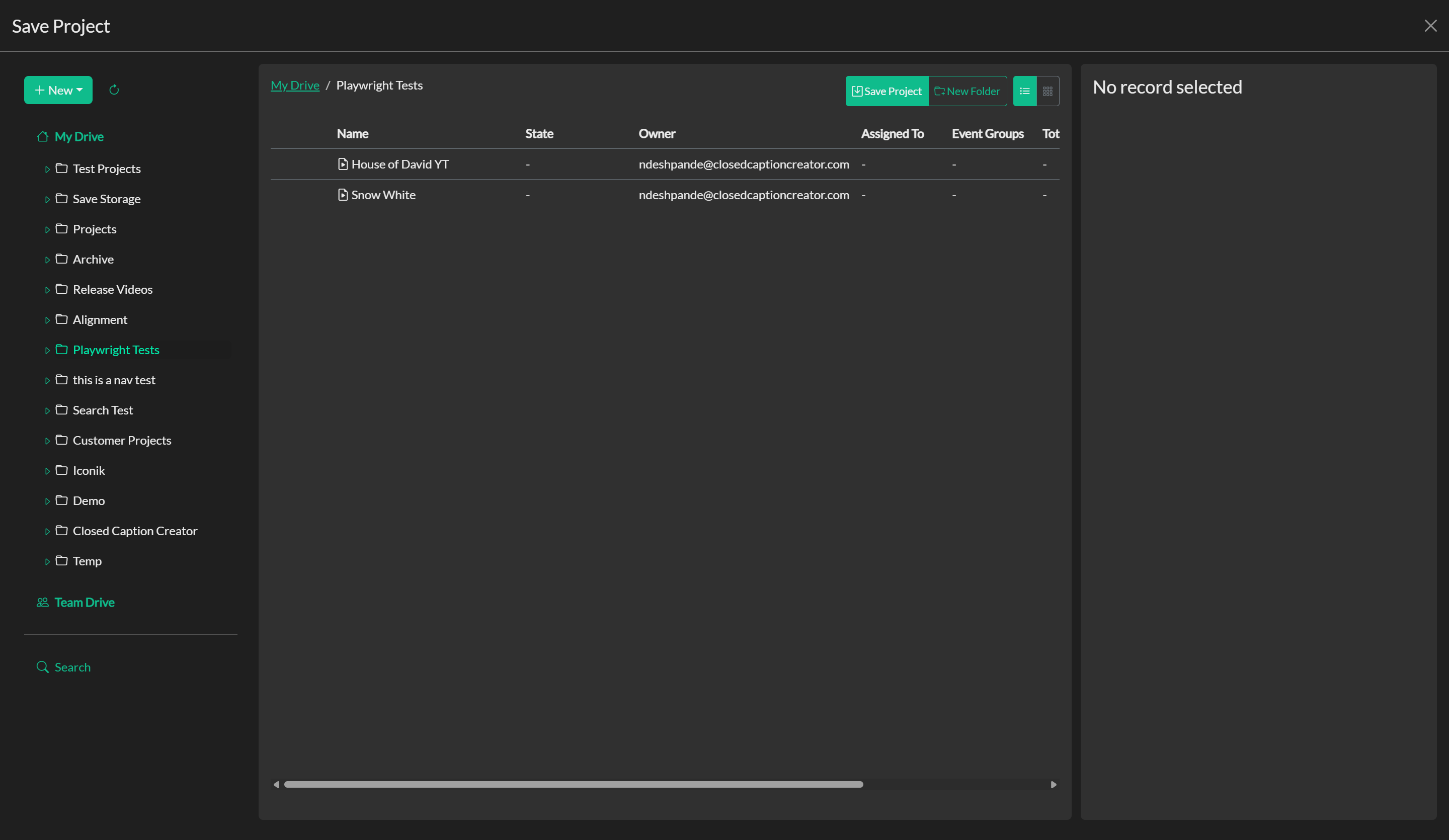 Save Project dialog in online mode