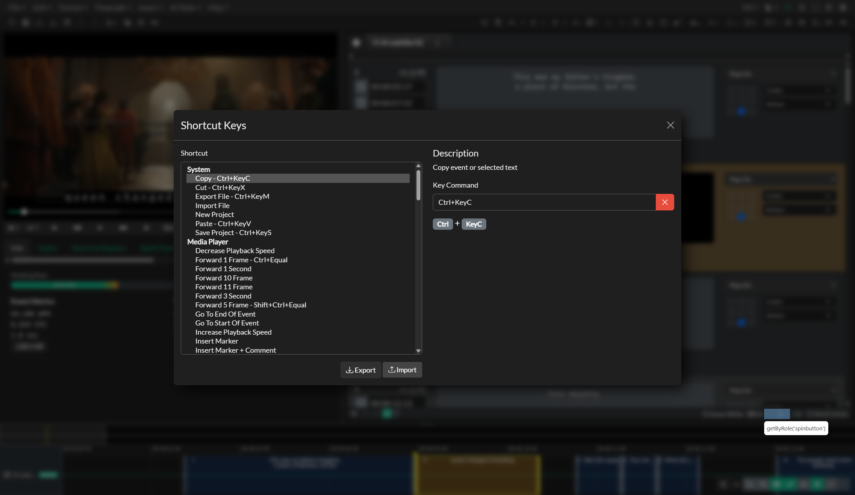 Shortcut Keys panel