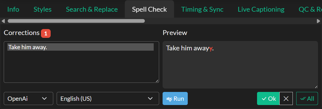 Spell Check panel in Quick Tools