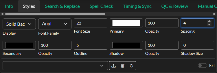 Styles panel in Subtitle mode
