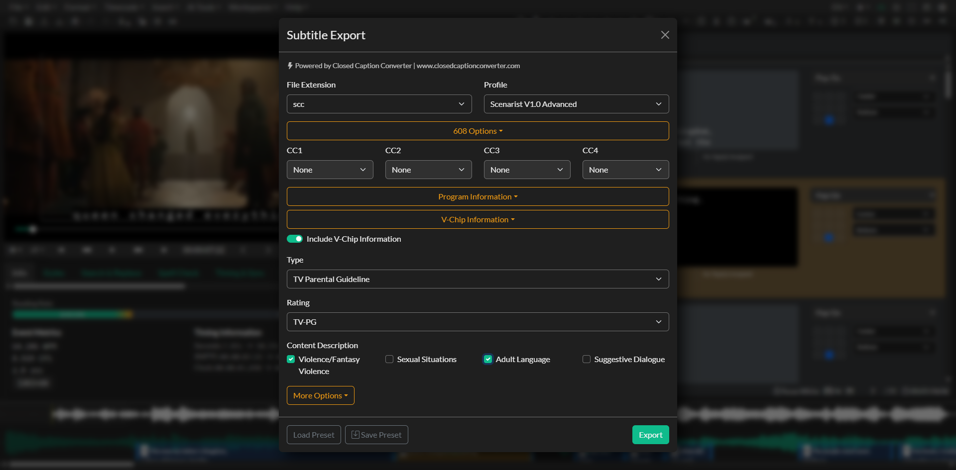Subtitle Export window