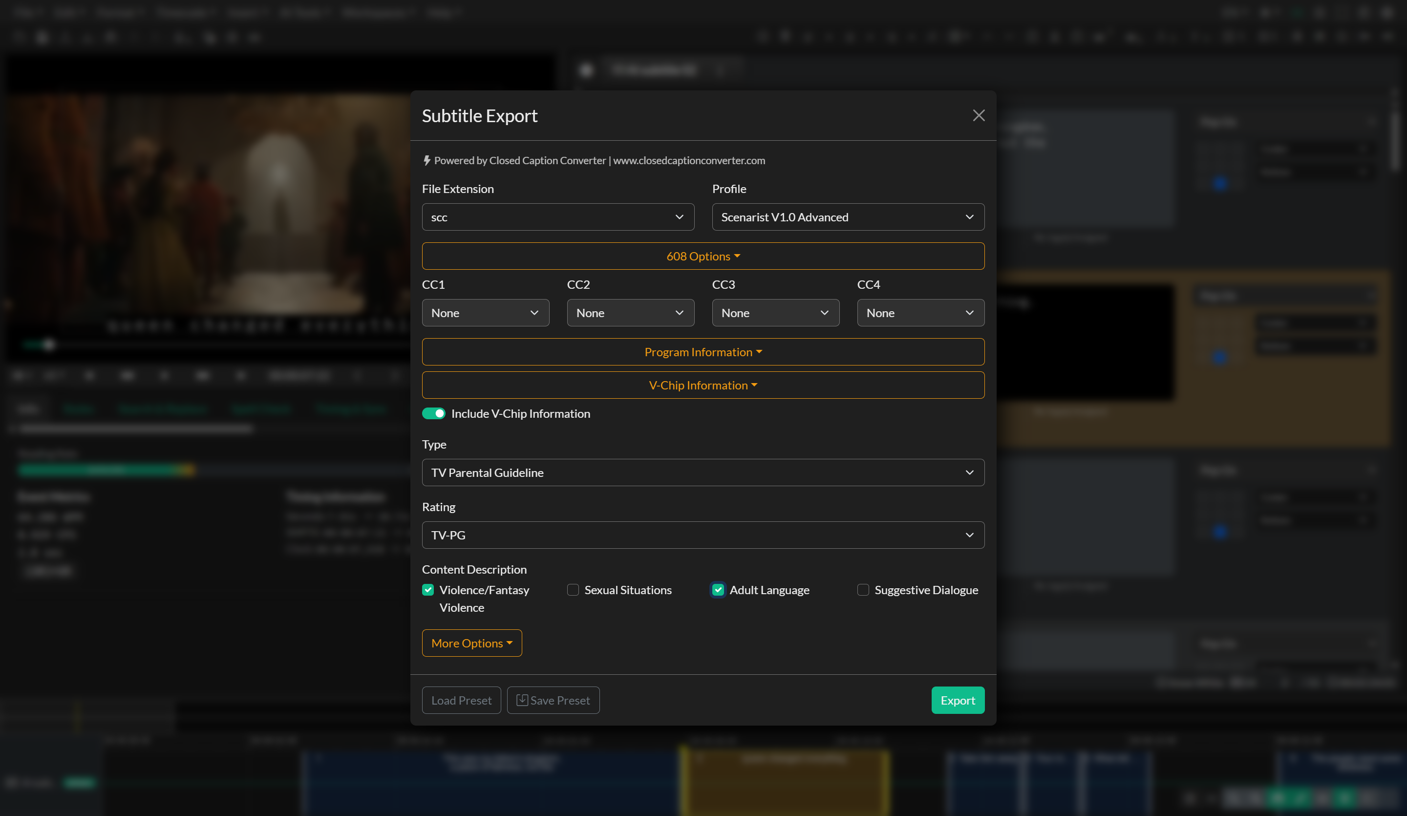 Subtitle Export window
