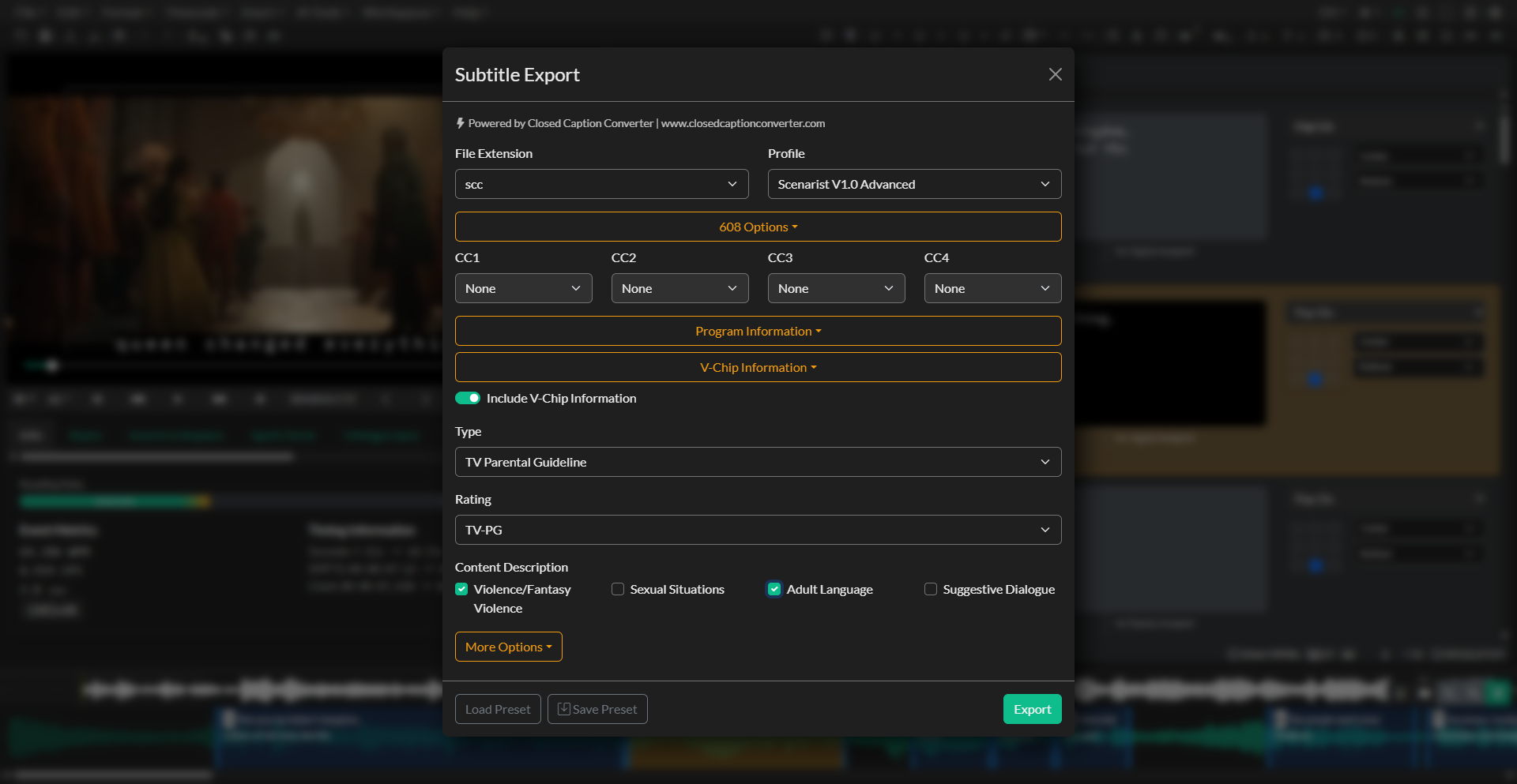 Subtitle Export window
