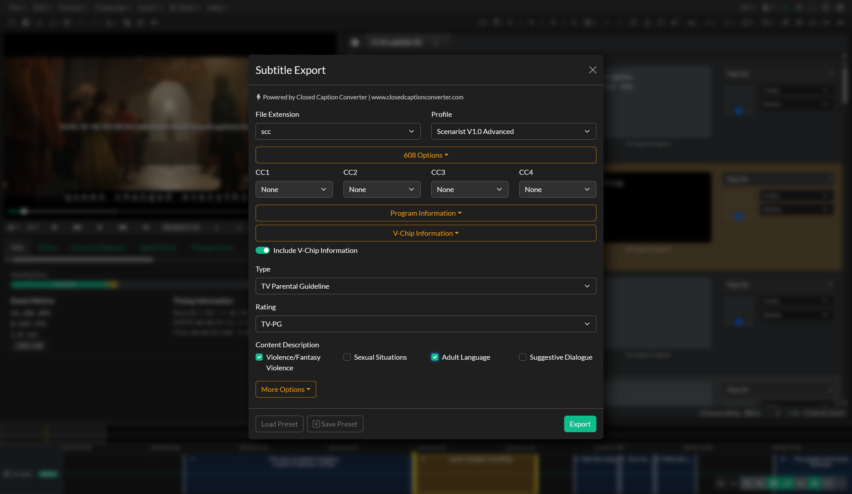Subtitle Export window