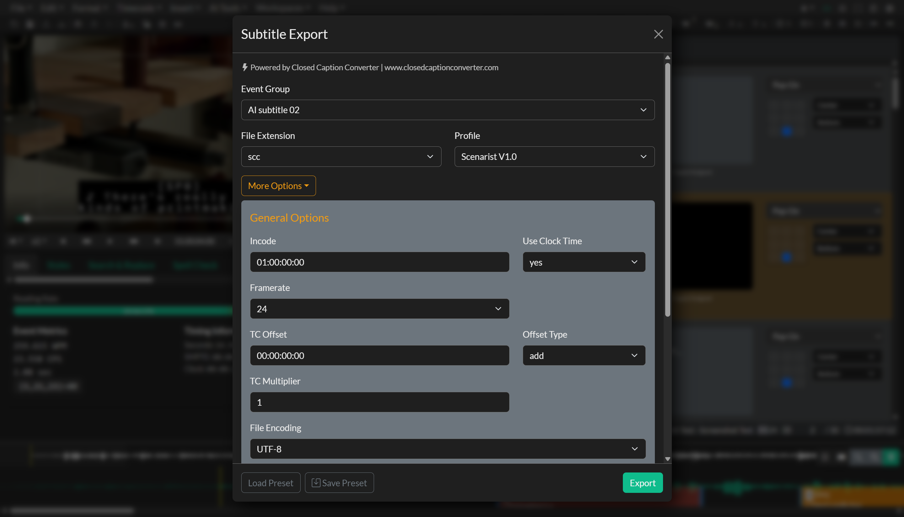 Subtitle Export window