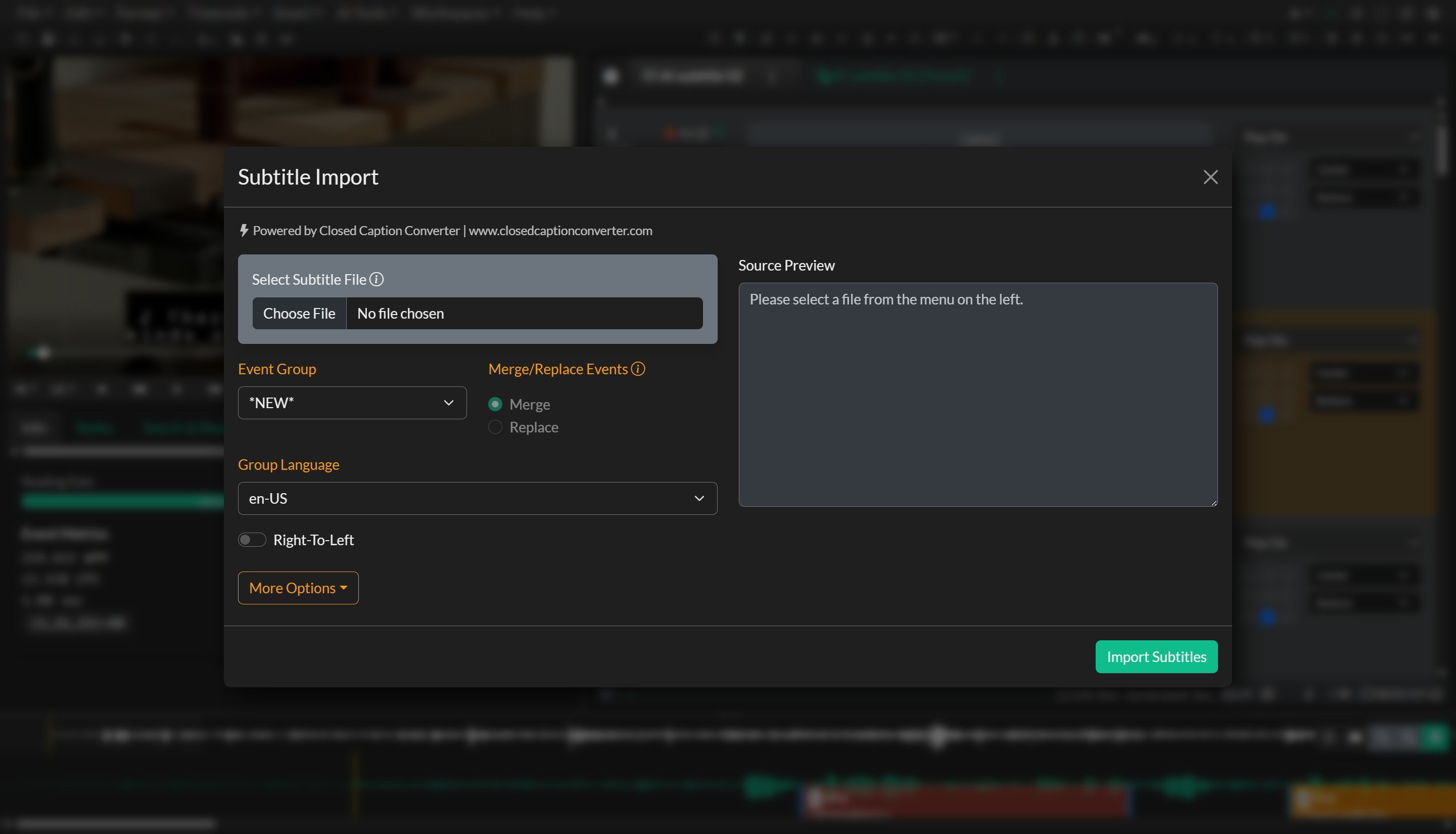 Subtitle Import dialog