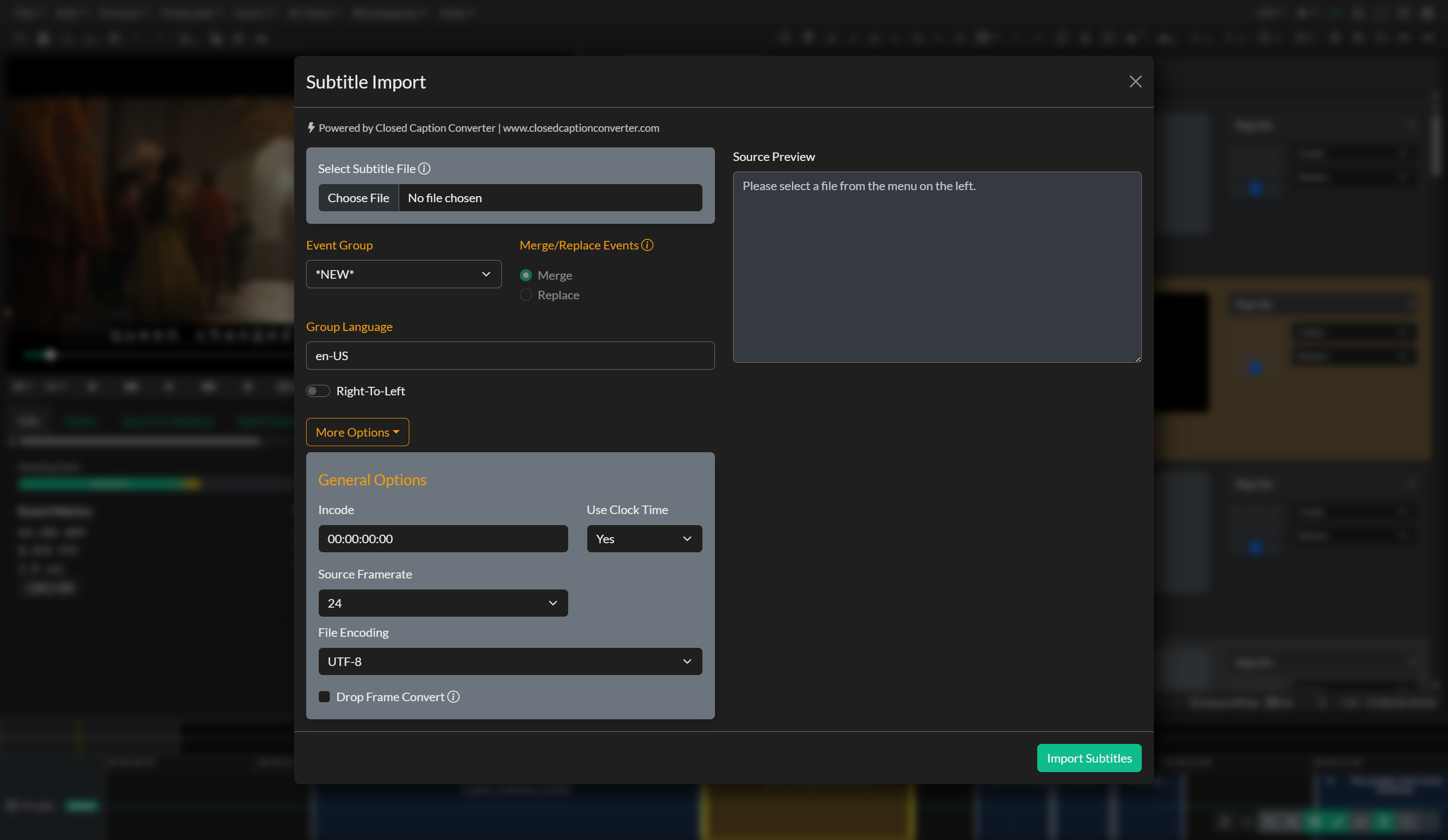 Subtitle Import dialog