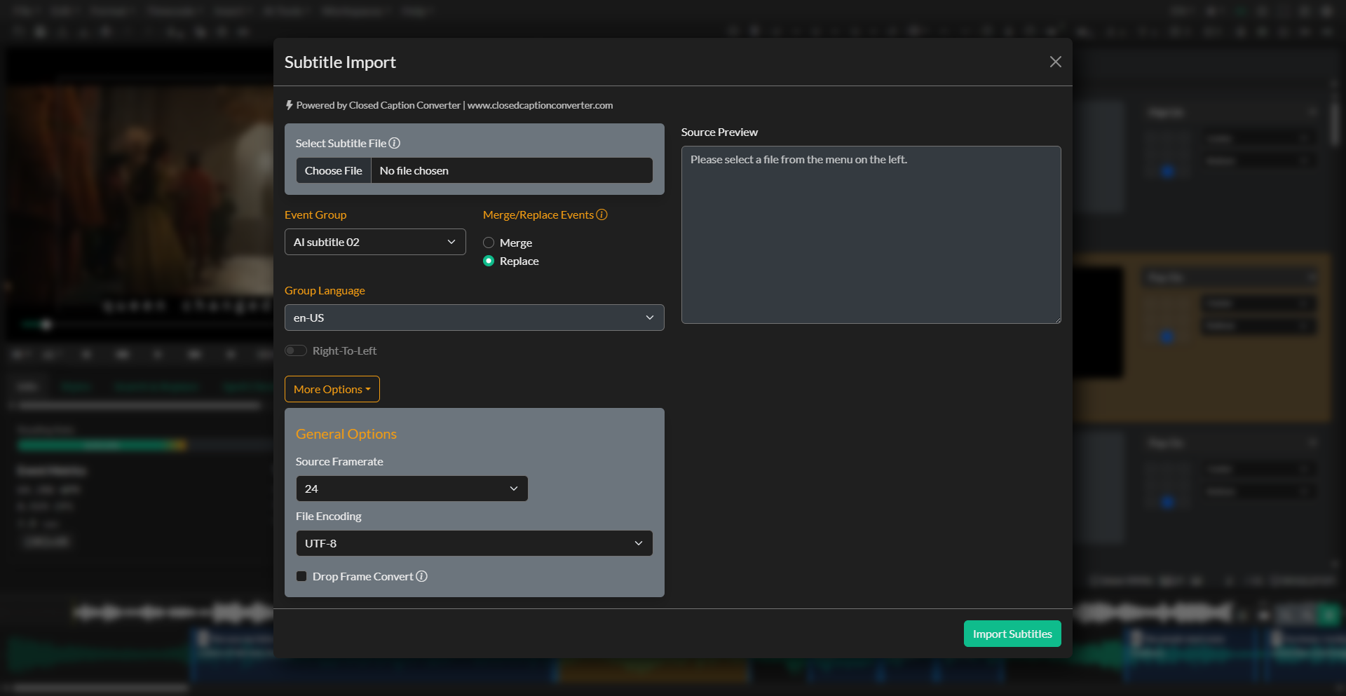 Subtitle Import dialog