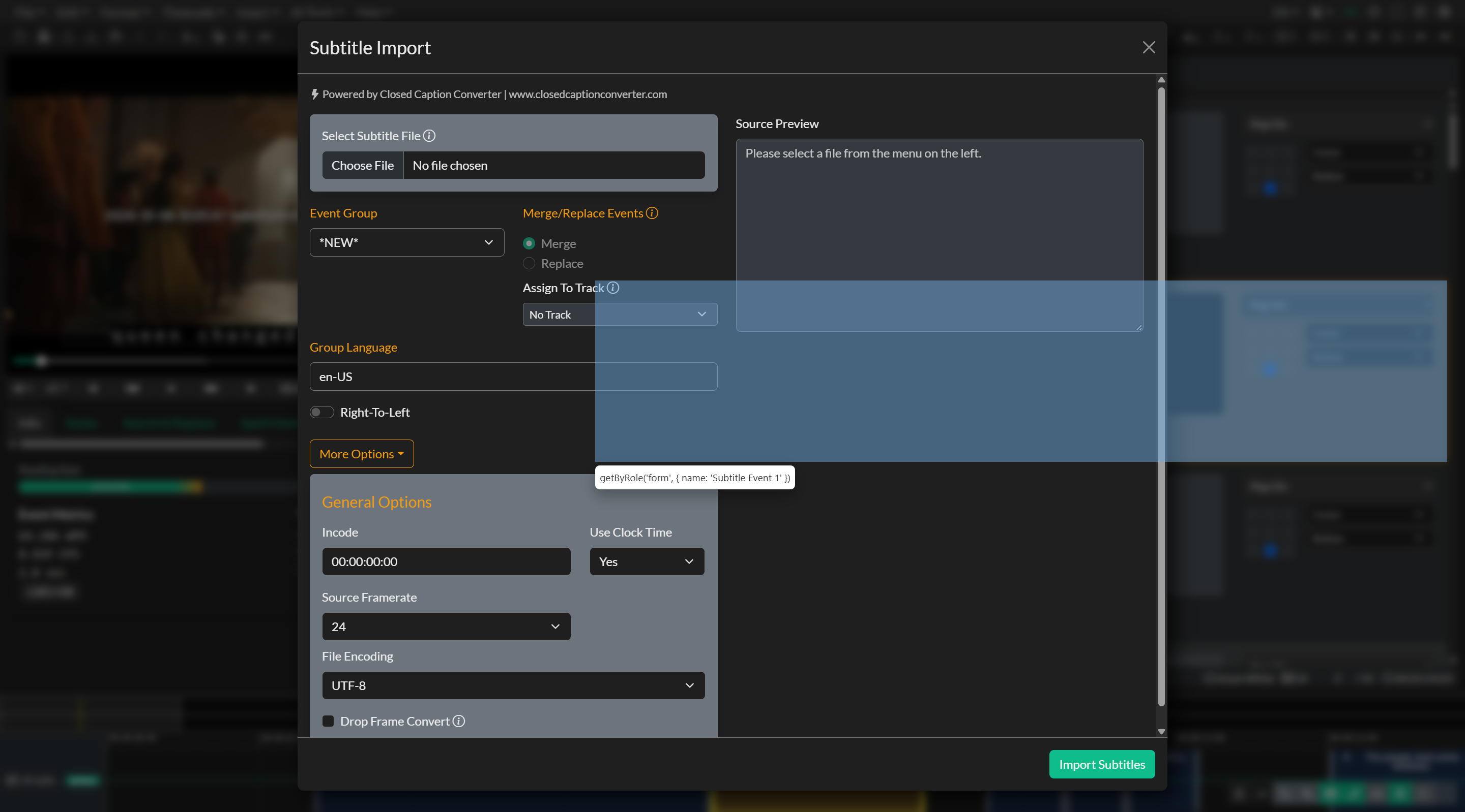 Subtitle Import dialog