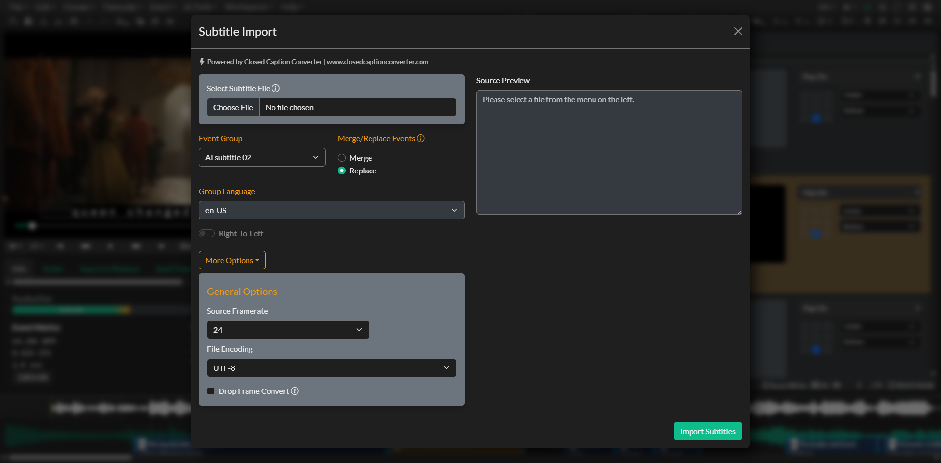 Subtitle Import dialog