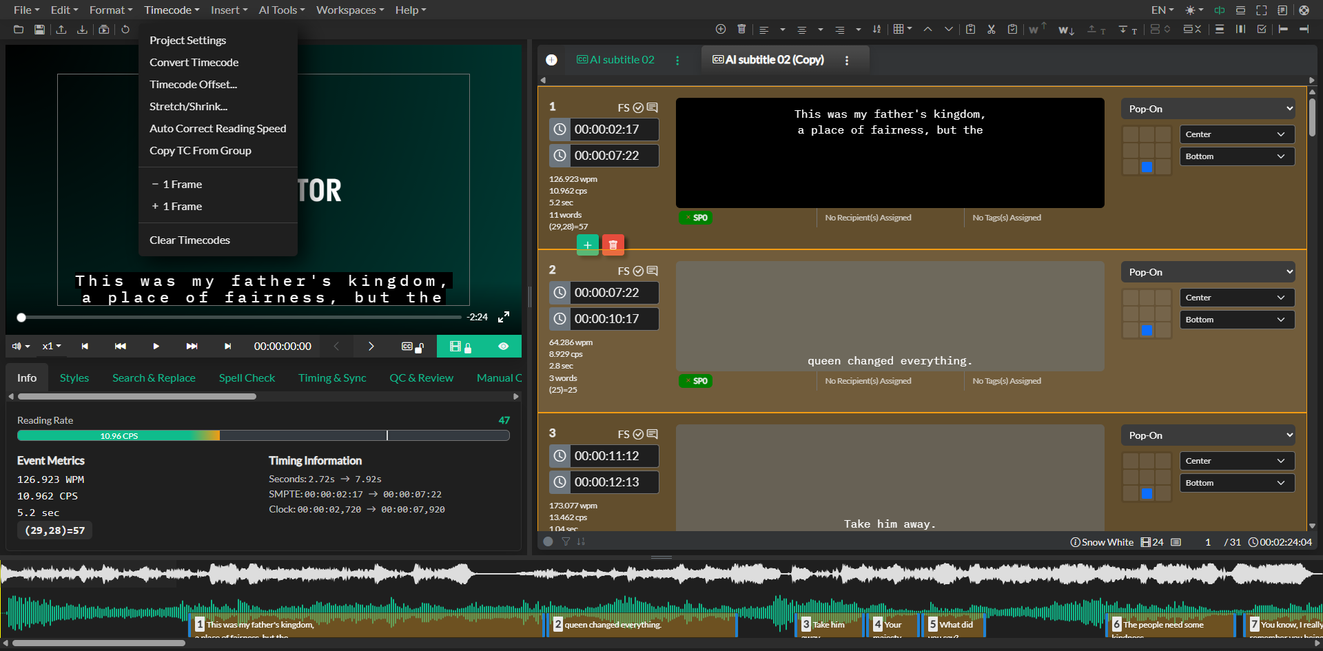 Timecode Menu