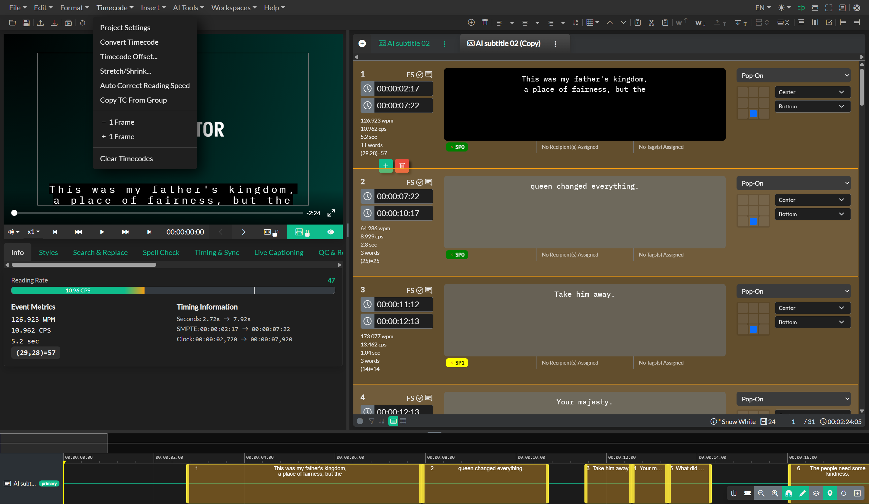 Timecode Menu