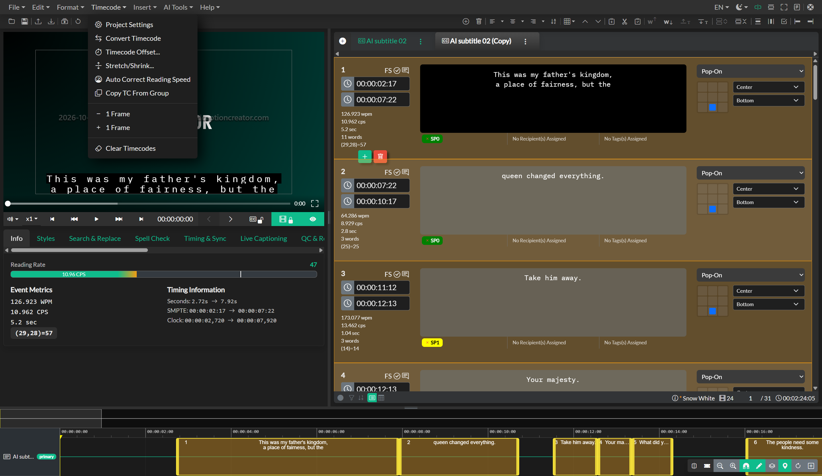 Timecode Menu