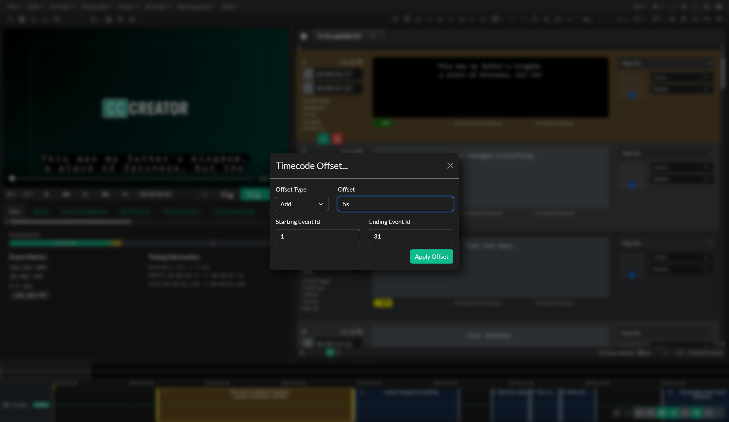 Timecode Offset modal with calculated ripple value