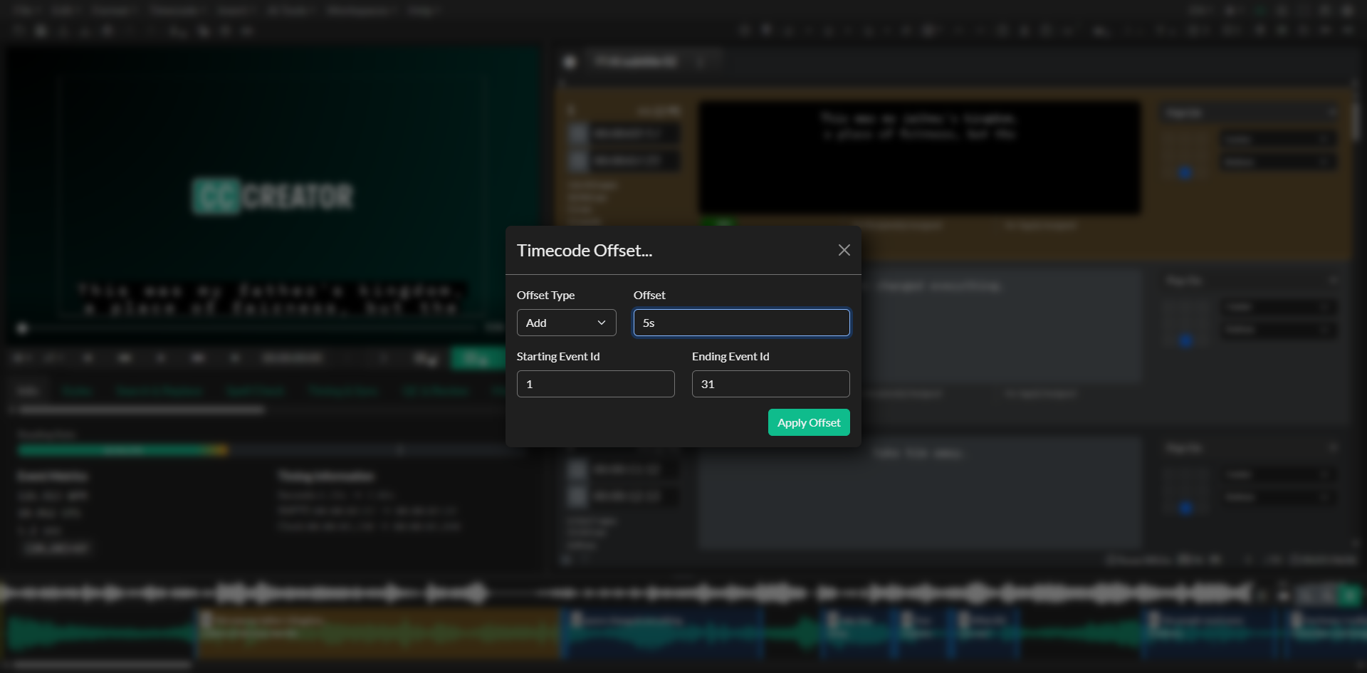 Timecode Offset modal with calculated ripple value