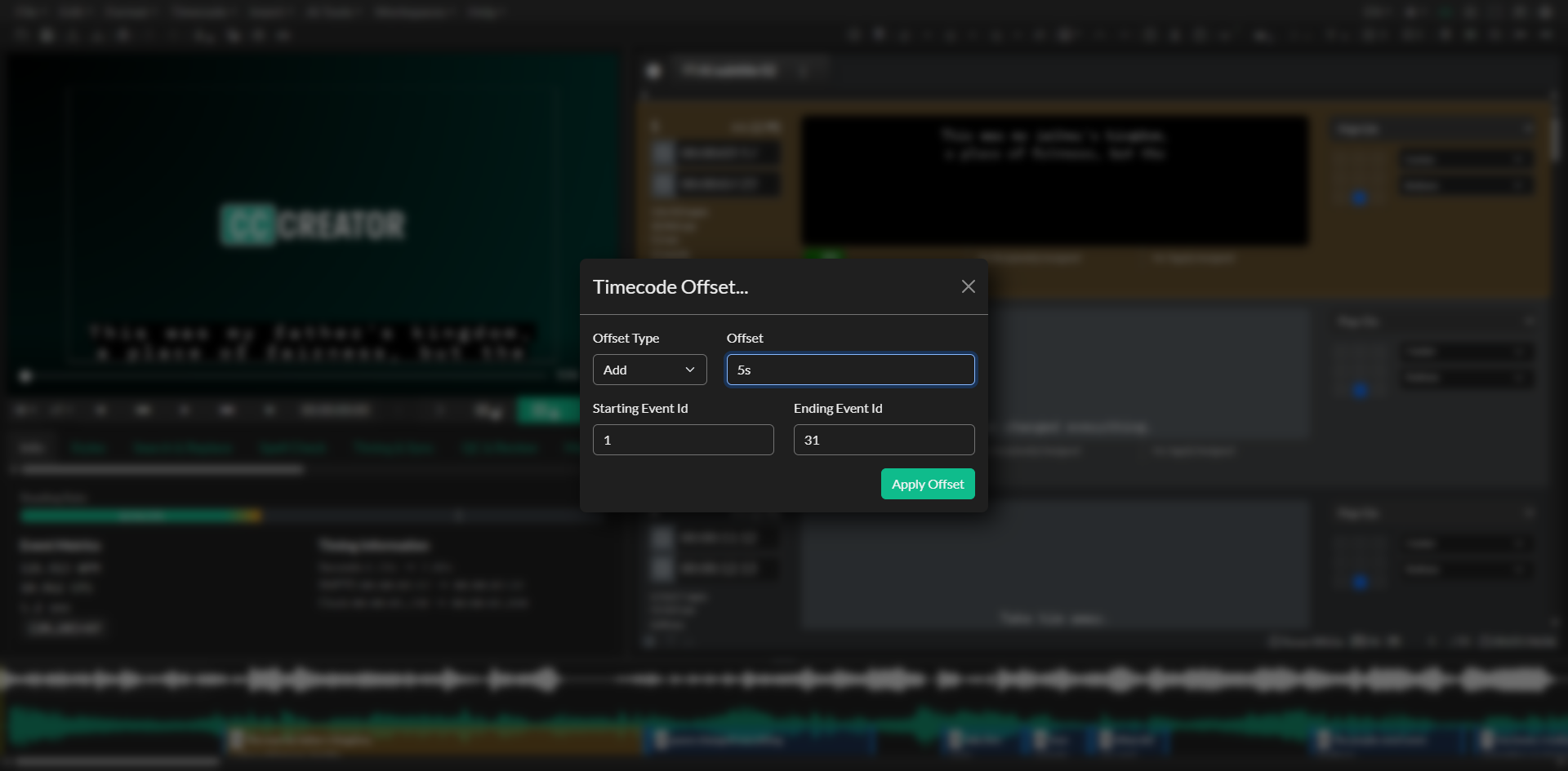 Timecode Offset modal with calculated ripple value