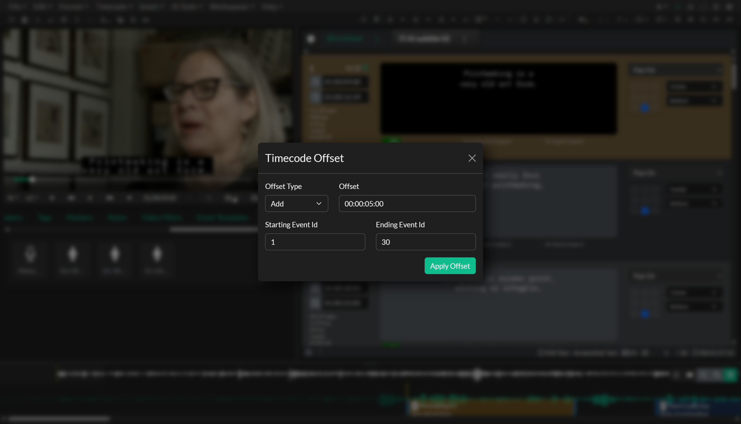 Timecode Offset modal with calculated ripple value