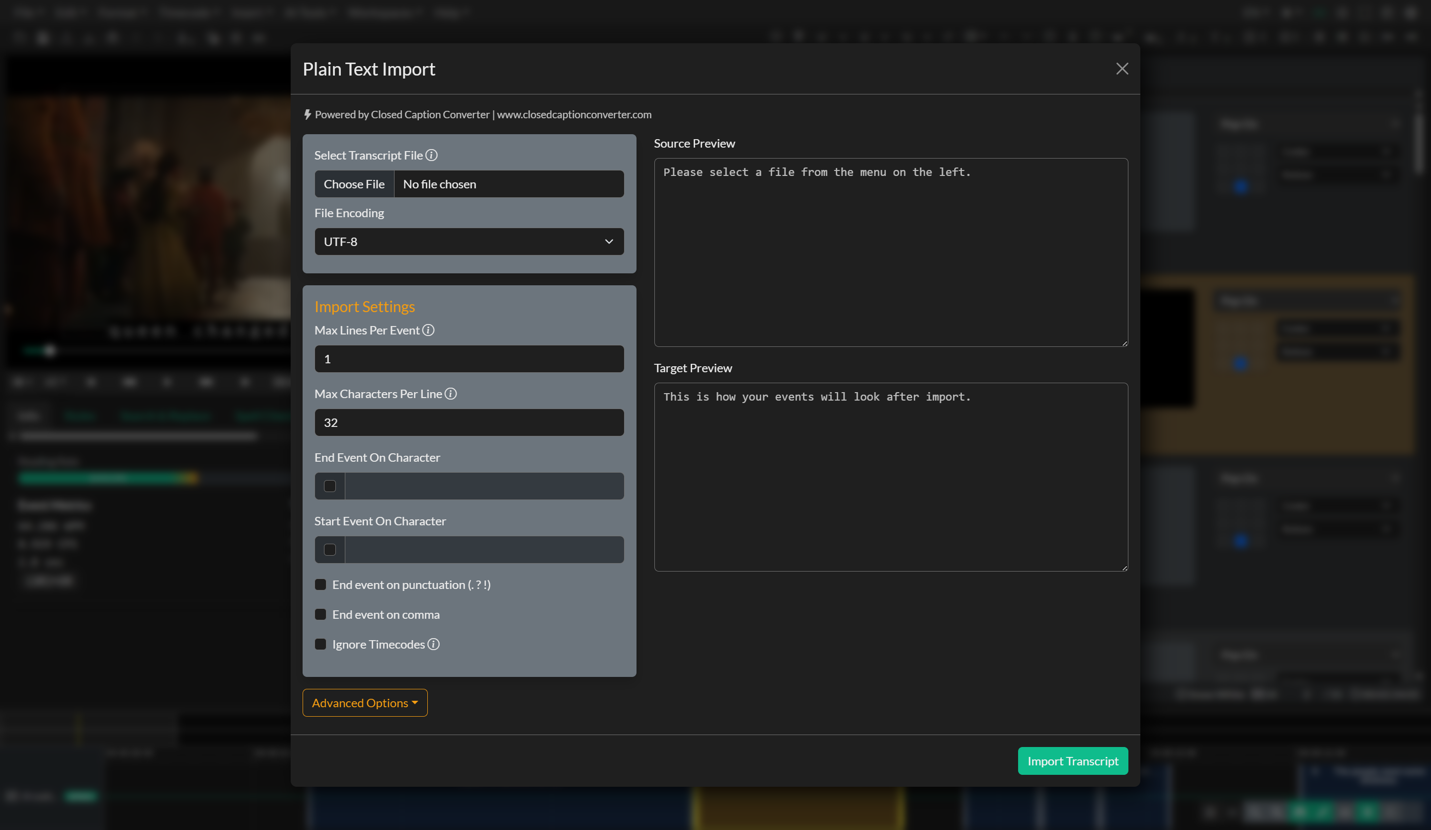 Transcript Import settings and preview