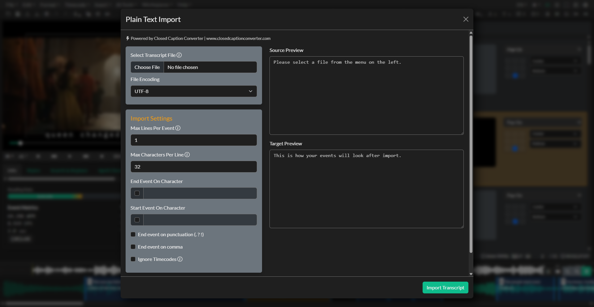 Transcript Import settings and preview