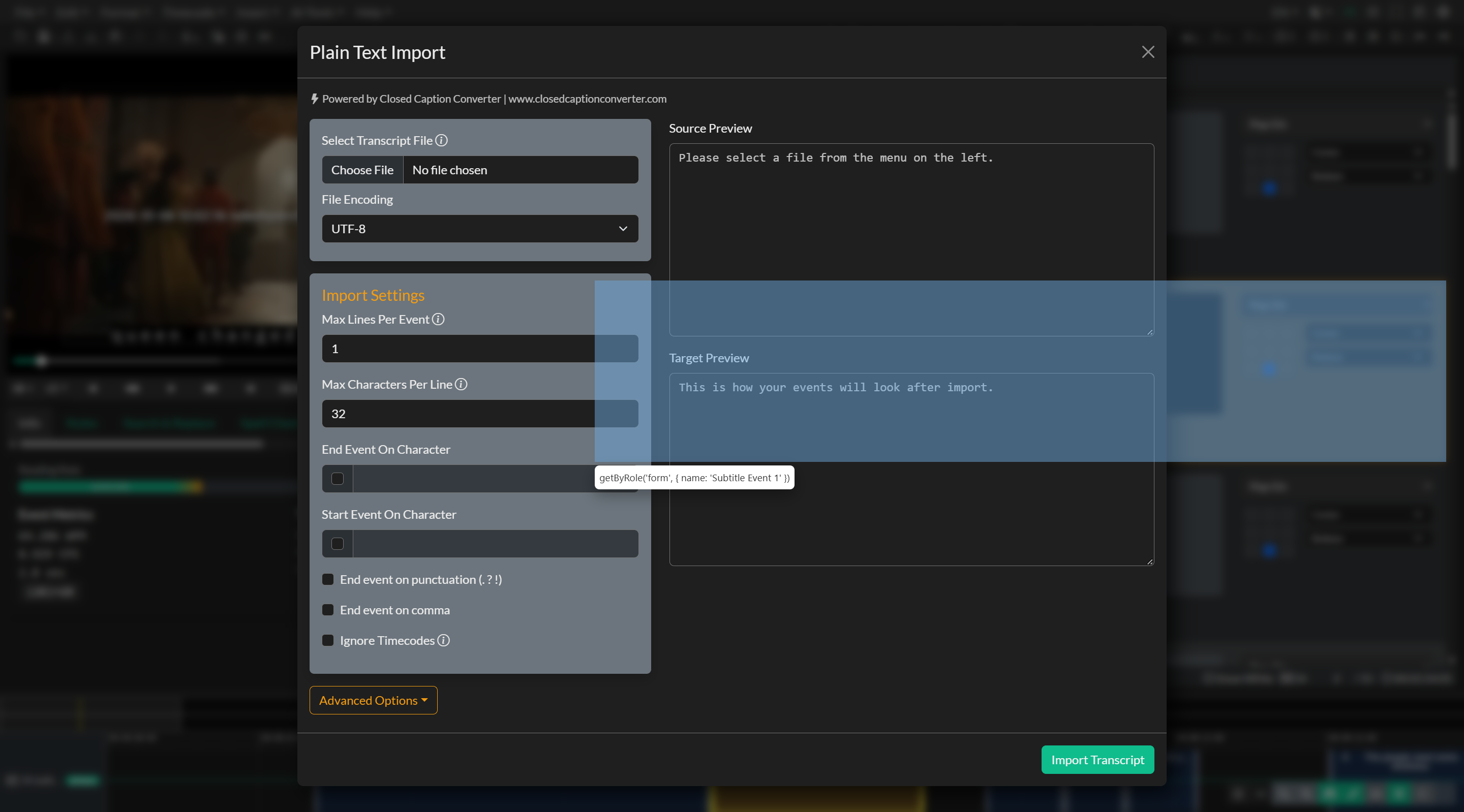 Transcript Import settings and preview