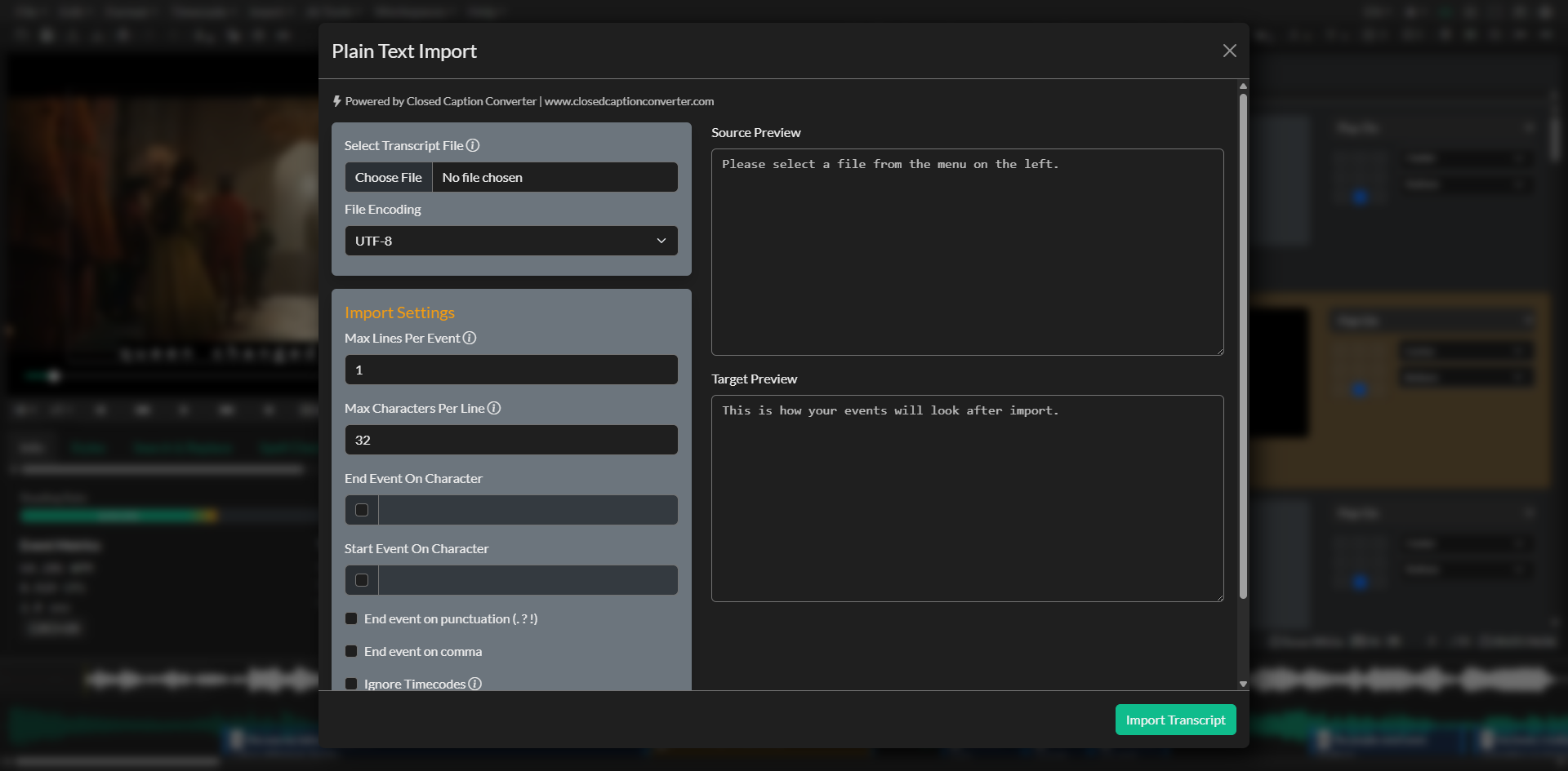 Transcript Import settings and preview