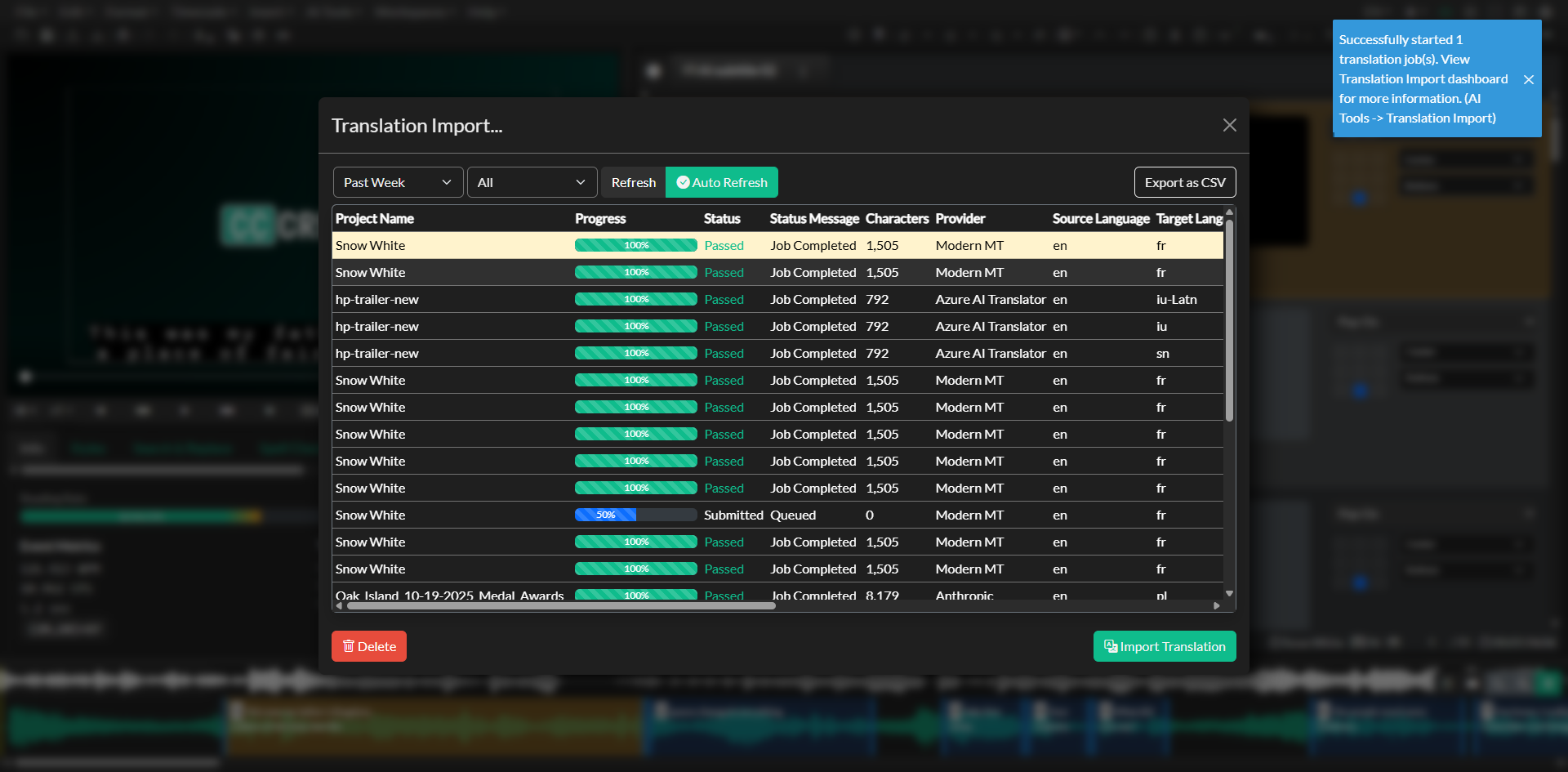Translation Import dashboard