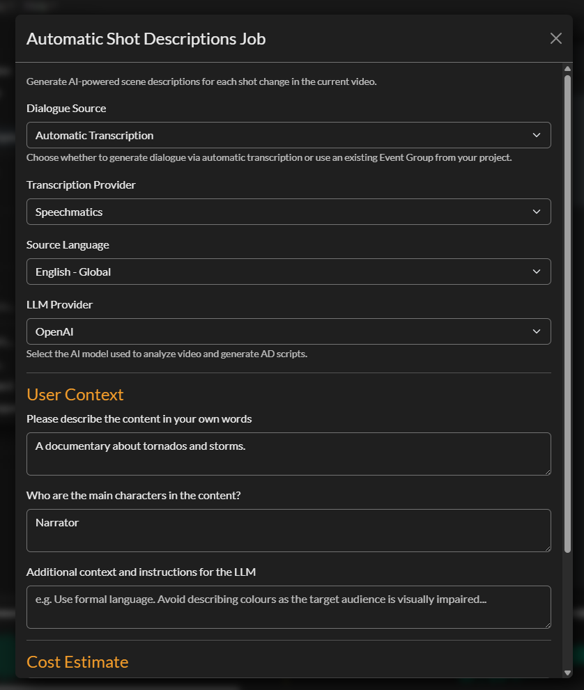 Automatic Shot Descriptions modal